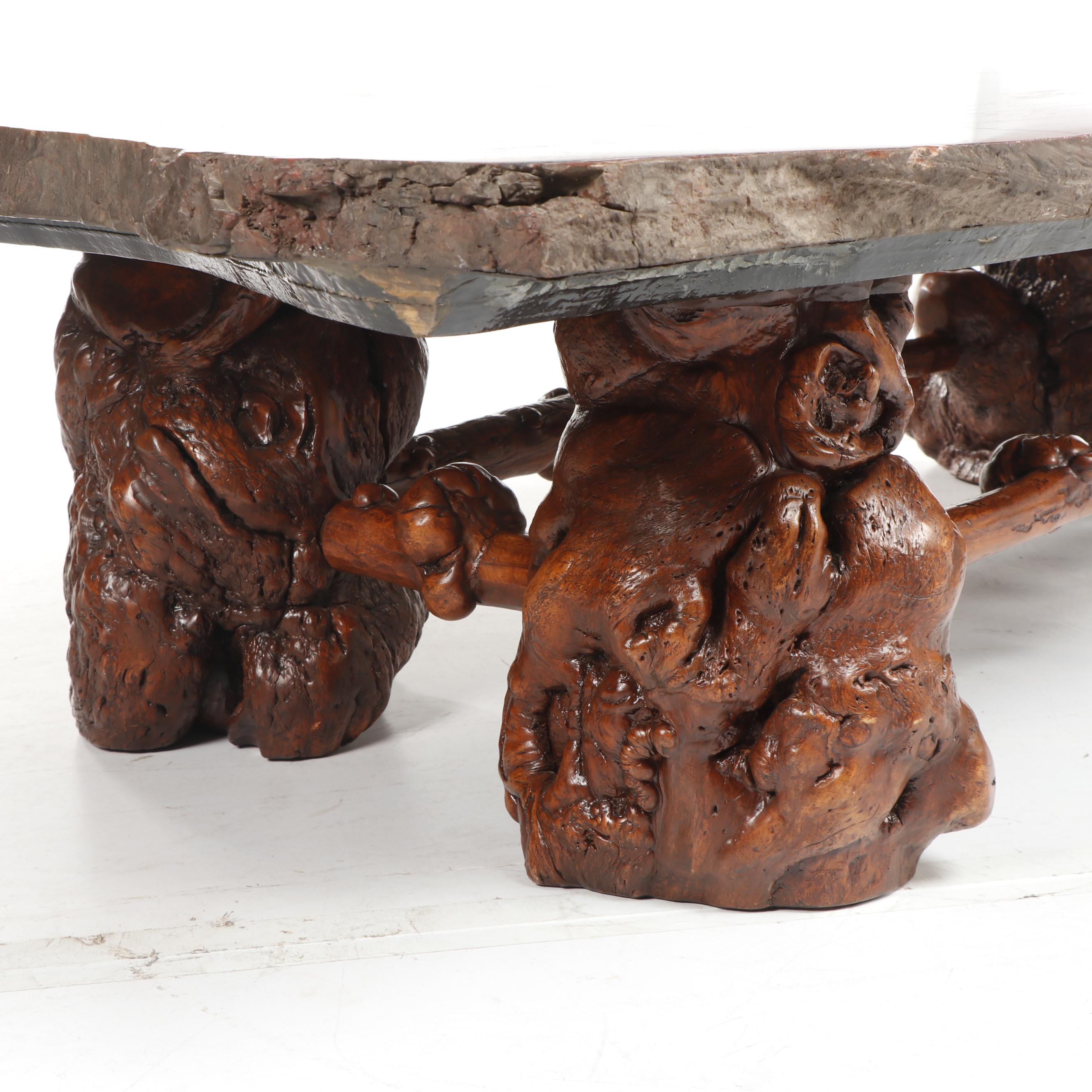 Russell-Zuhl Petrified Pine Coffee Table on Wood Burl Base, 1997
