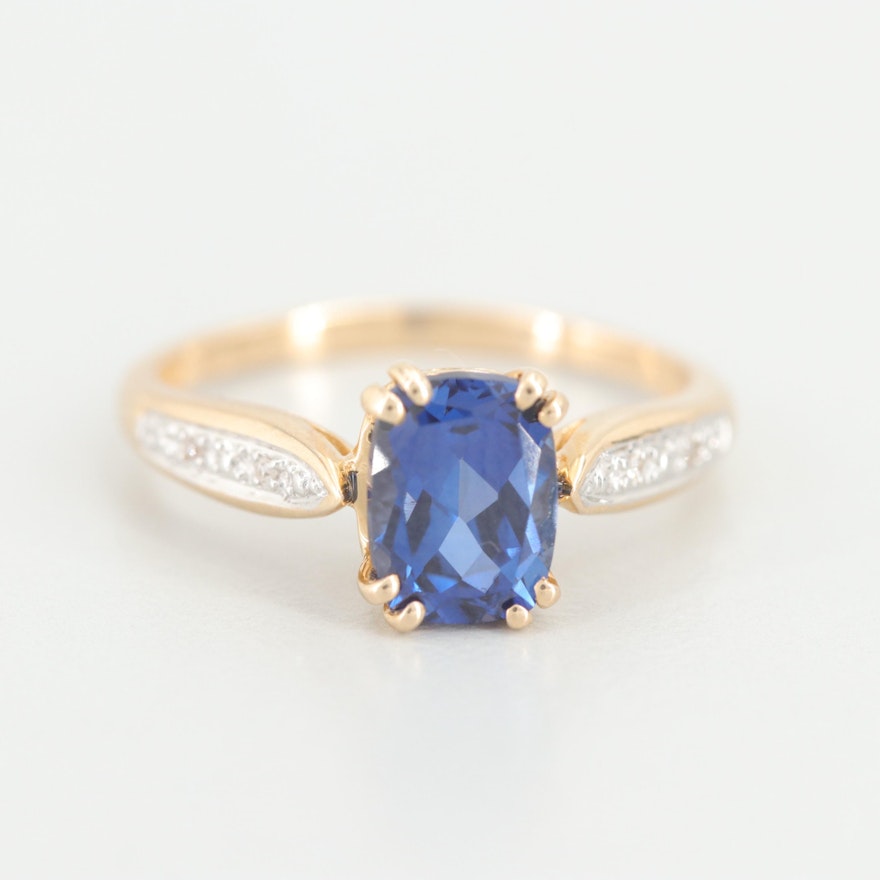 14K Yellow Gold Synthetic Sapphire and Diamond Ring