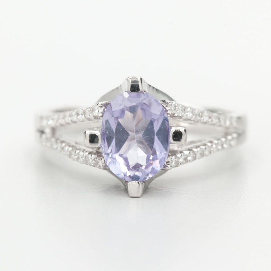 18K White Gold Synthetic Sapphire and Diamond Ring