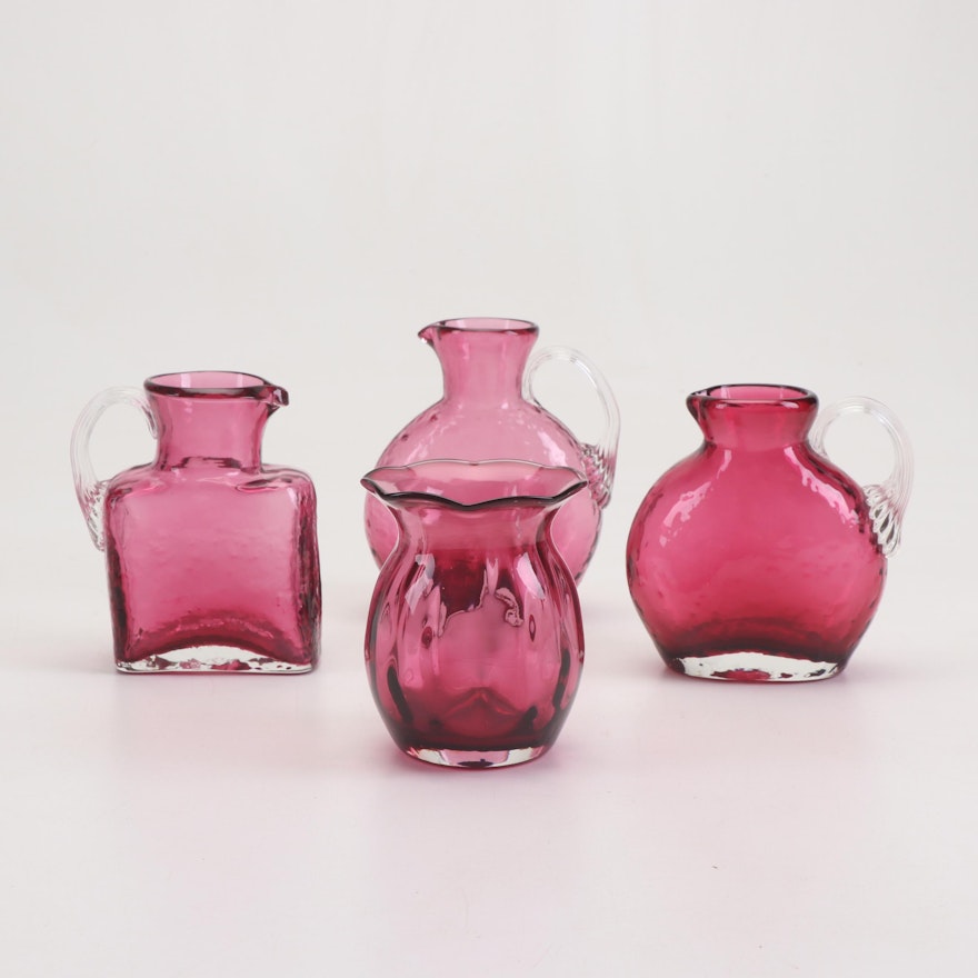 Pilgrim Hand Blown Cranberry Glass Pitchers and Vase, Mid 20th Century