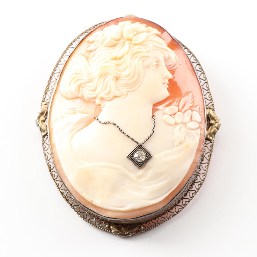 Carved Cameo Brooch with 10K Yellow Gold Floral Accents