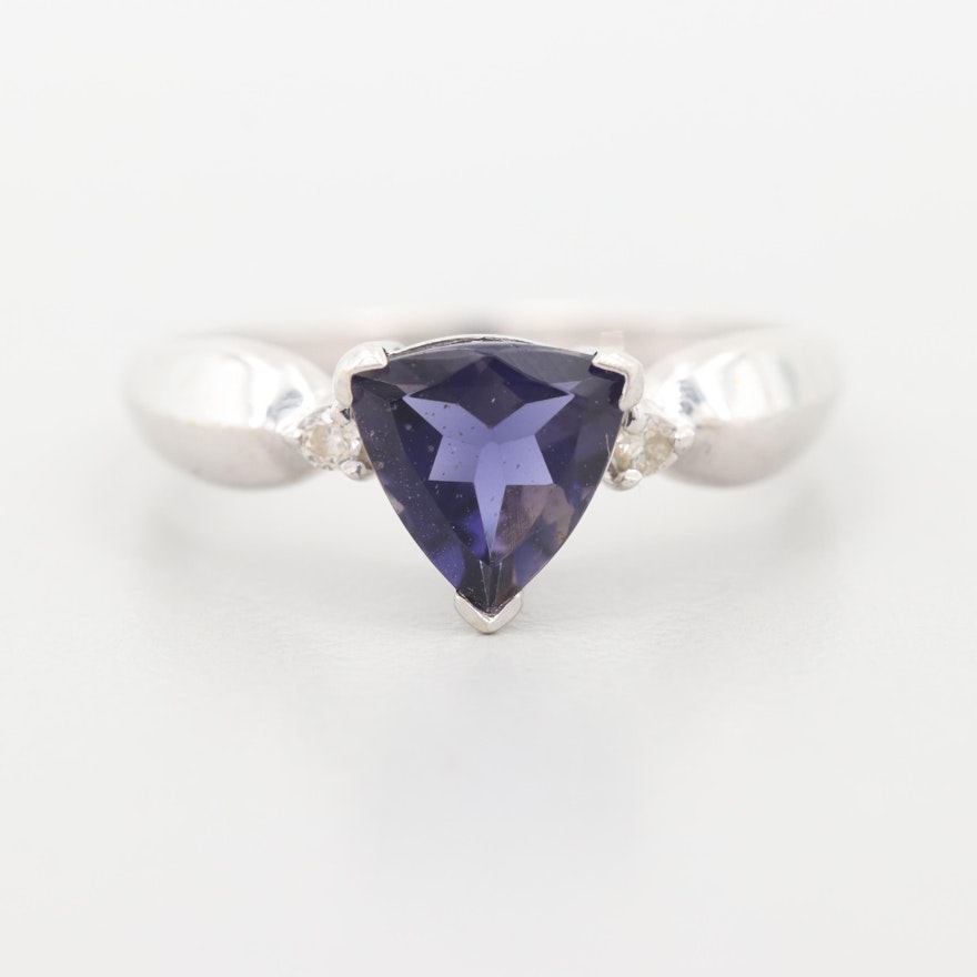 14K White Gold Iolite and Diamond Ring