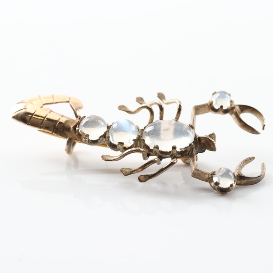 10K Yellow Gold Scorpion Brooch with Moonstones