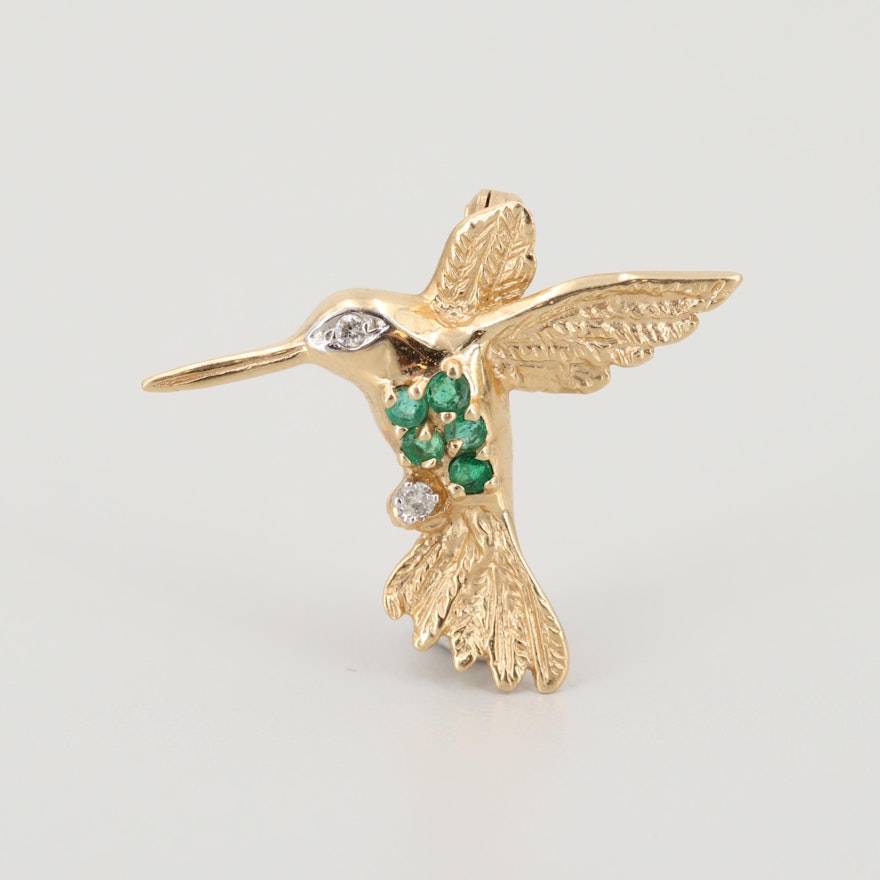14K Yellow Gold Emerald and Diamond Hummingbird Brooch