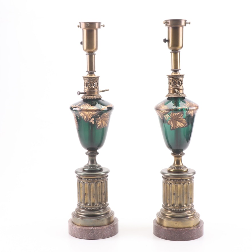 Converted Neoclassical Style Glass and Brass Kerosene Torchiere Lamps