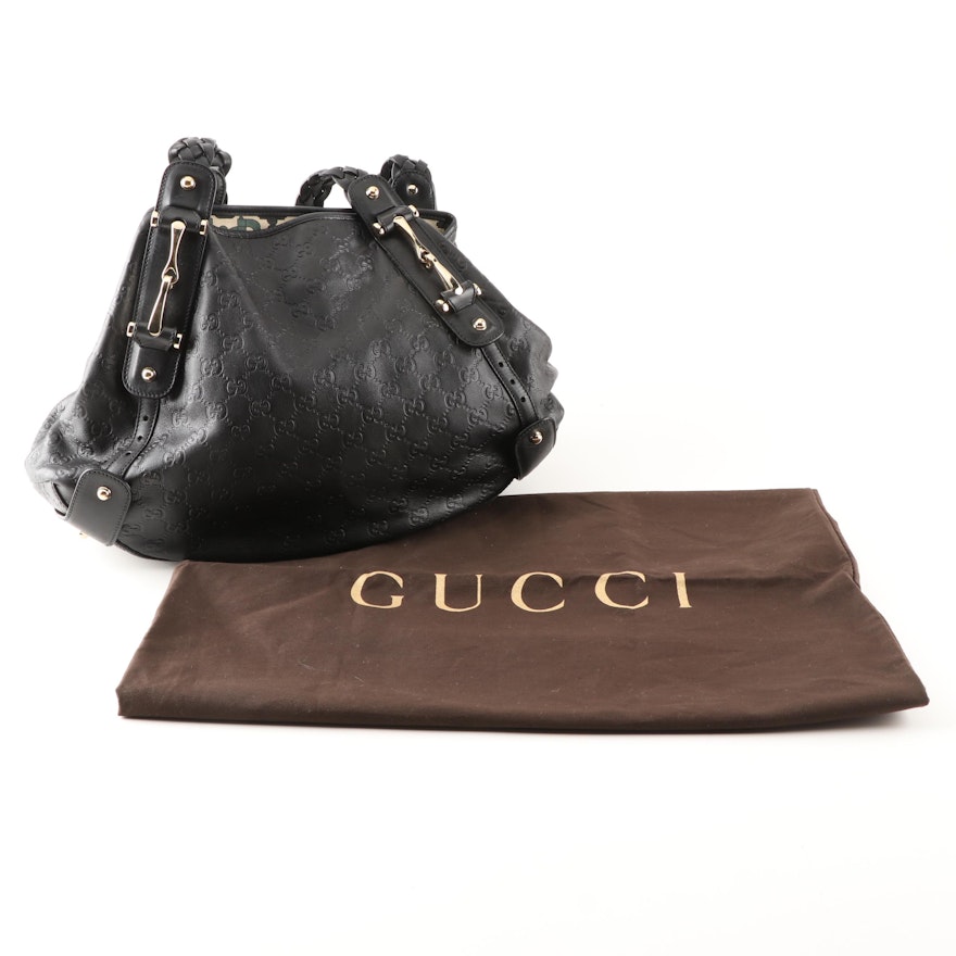 Gucci Black Guccissima Leather Horsebit Pelham Shoulder Bag with Braided Straps