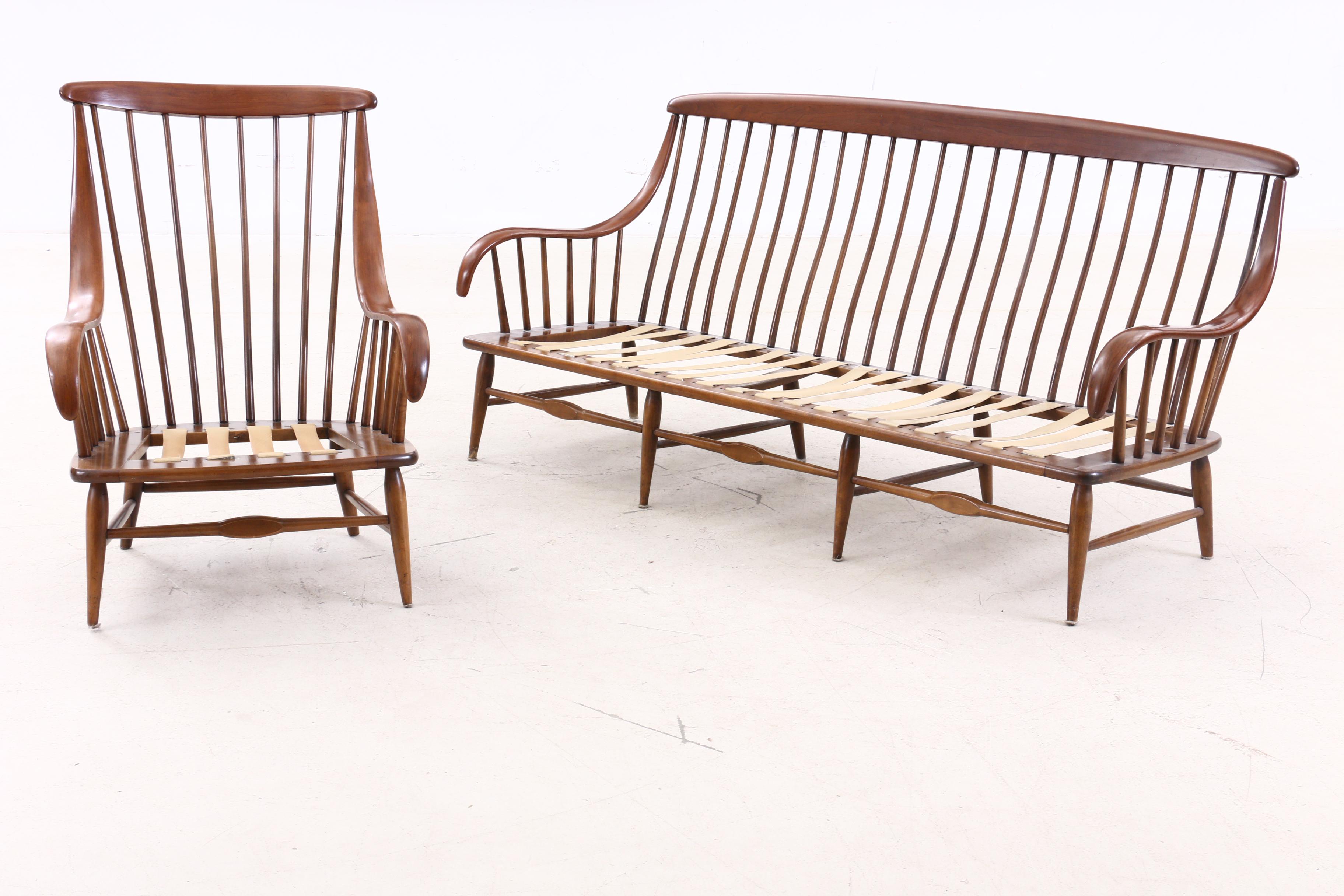 Mid Century Modern Heywood Wakefield Cherry Sofa and Arm Chair, Circa 1950s