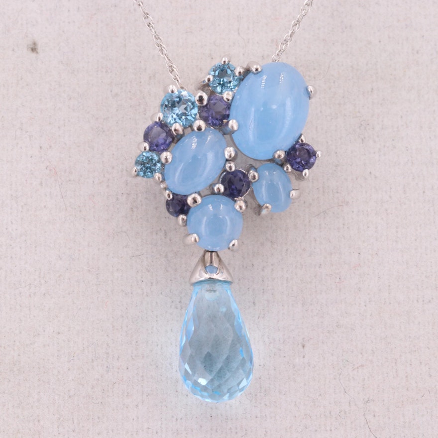 9K White Gold Blue Topaz, Chalcedony and Iolite Pendant with 10K Gold Necklace