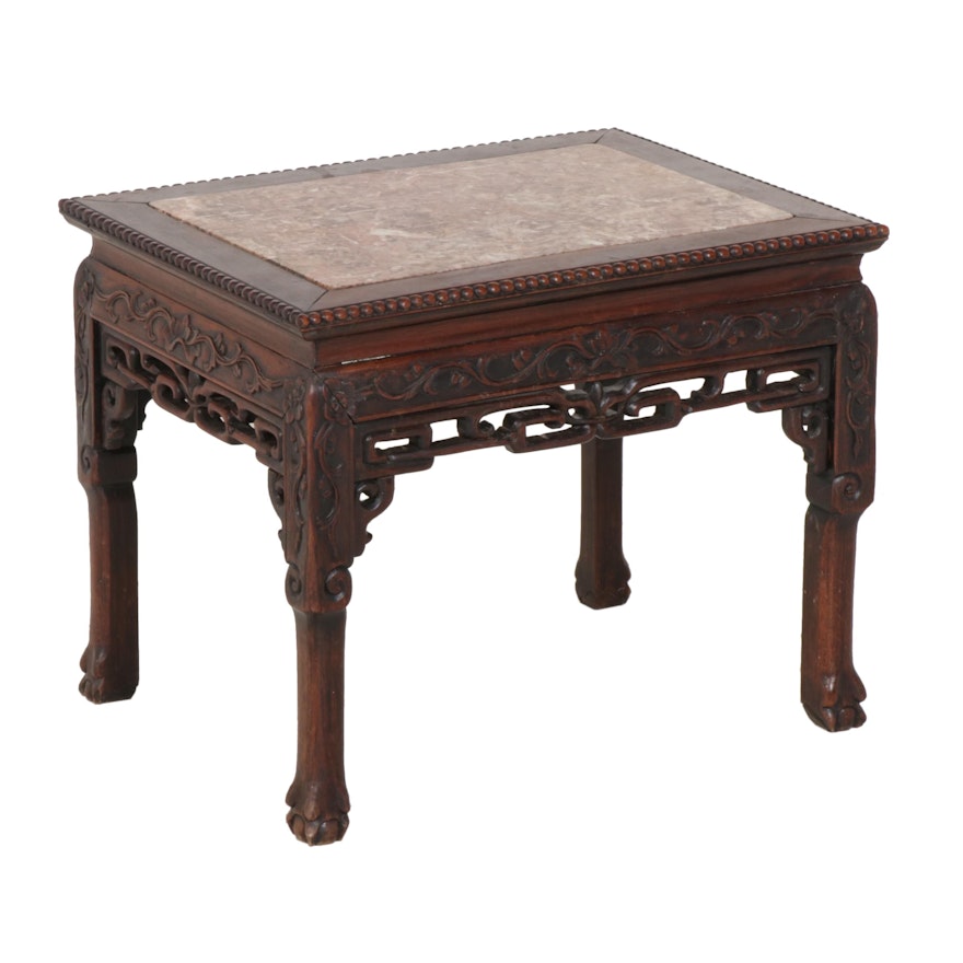 Chinese Carved Hardwood Rose Marble Inset End Table, 19th Century