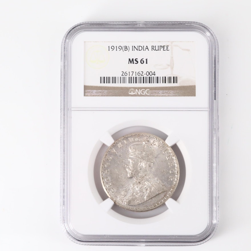 NGC Graded MS61 1919-B India Rupee Silver Coin