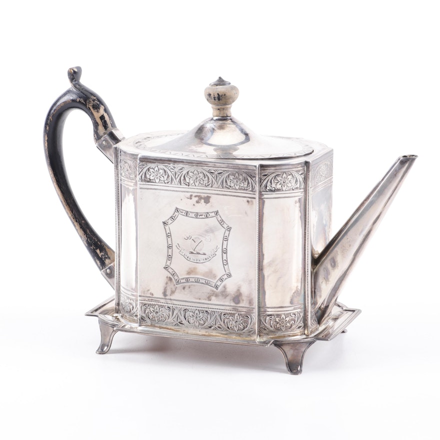Henry Chawners Engraved English Sterling Silver Teapot on Stand, 1792