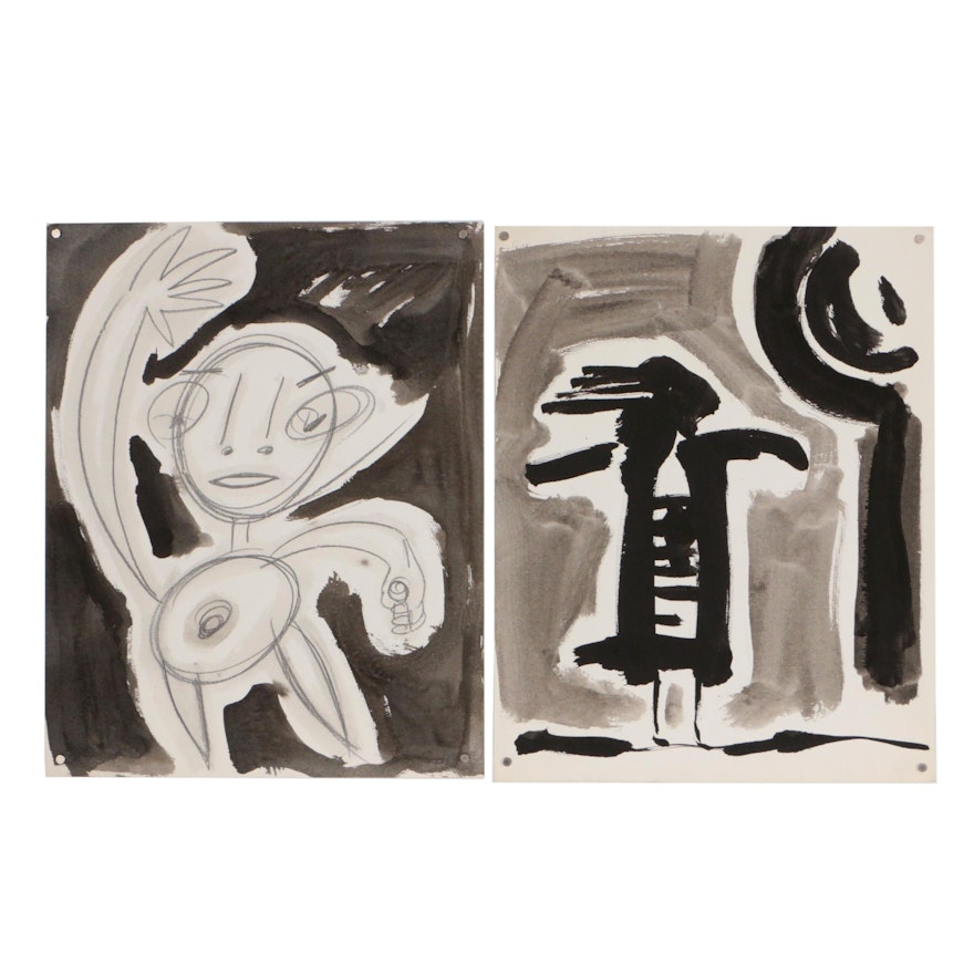 Merle Rosen Embellished Ink Drawings of Abstract Figures