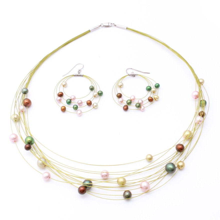 Sterling Silver and Pearl Multi-Strand Necklace and Earrings