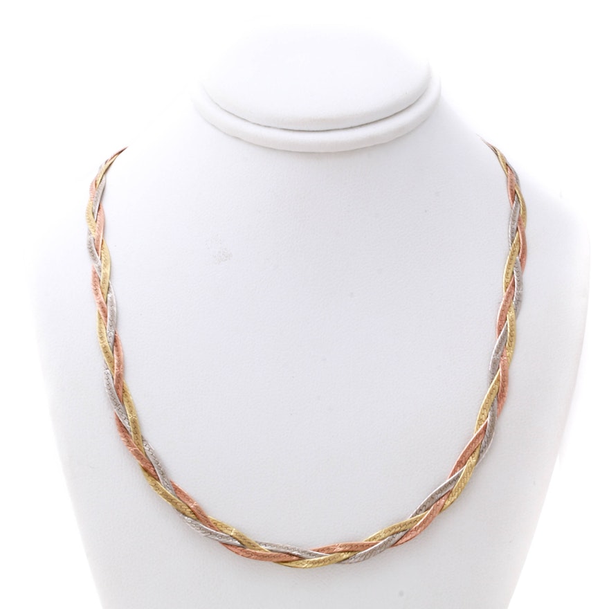 14K Tri-Color Gold Braided Herringbone Necklace