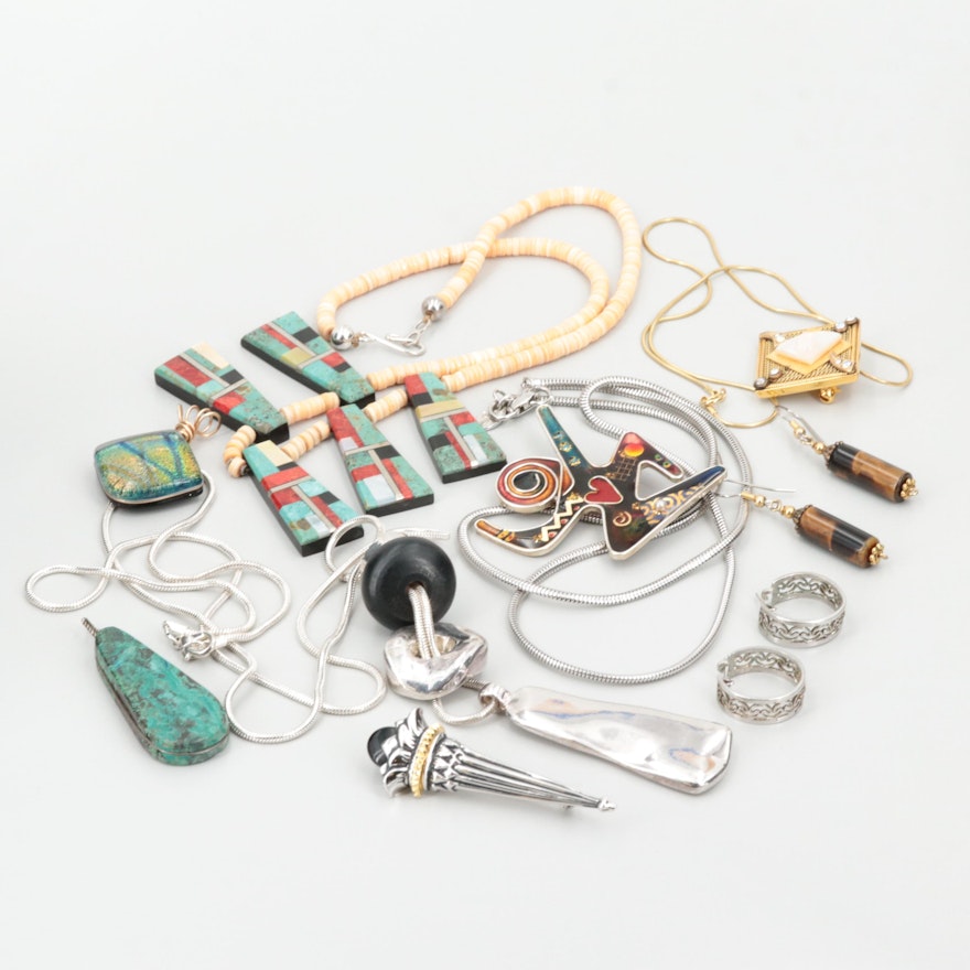 Assortment of Jewelry Featuring Sterling Silver Pendant, Turquoise and Coral