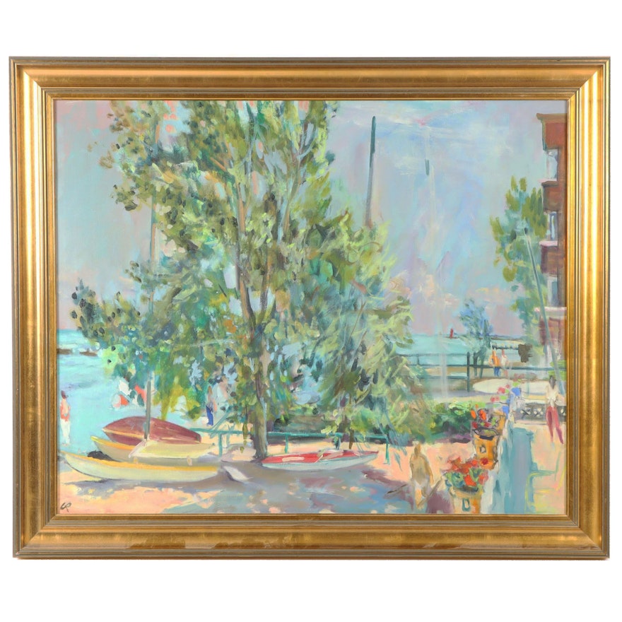 Late 20th Century Harbor Scene Oil Painting