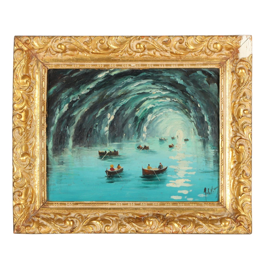 20th Century Underwater Cave Oil Painting