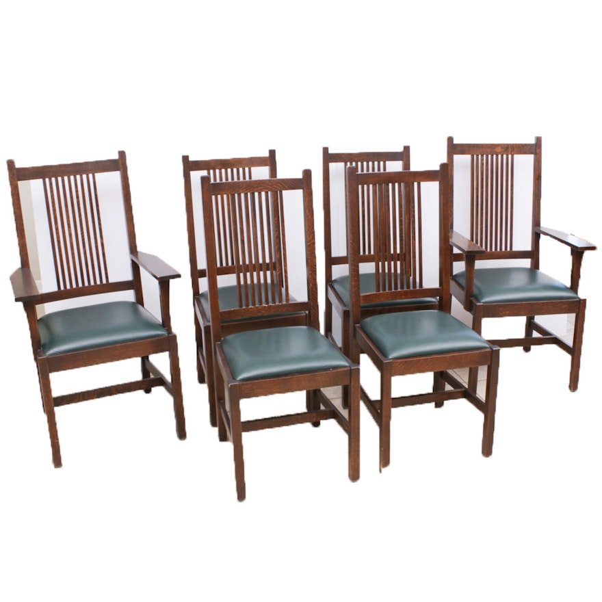 Stickley Oak and Leather Dining Chairs, Set of 6