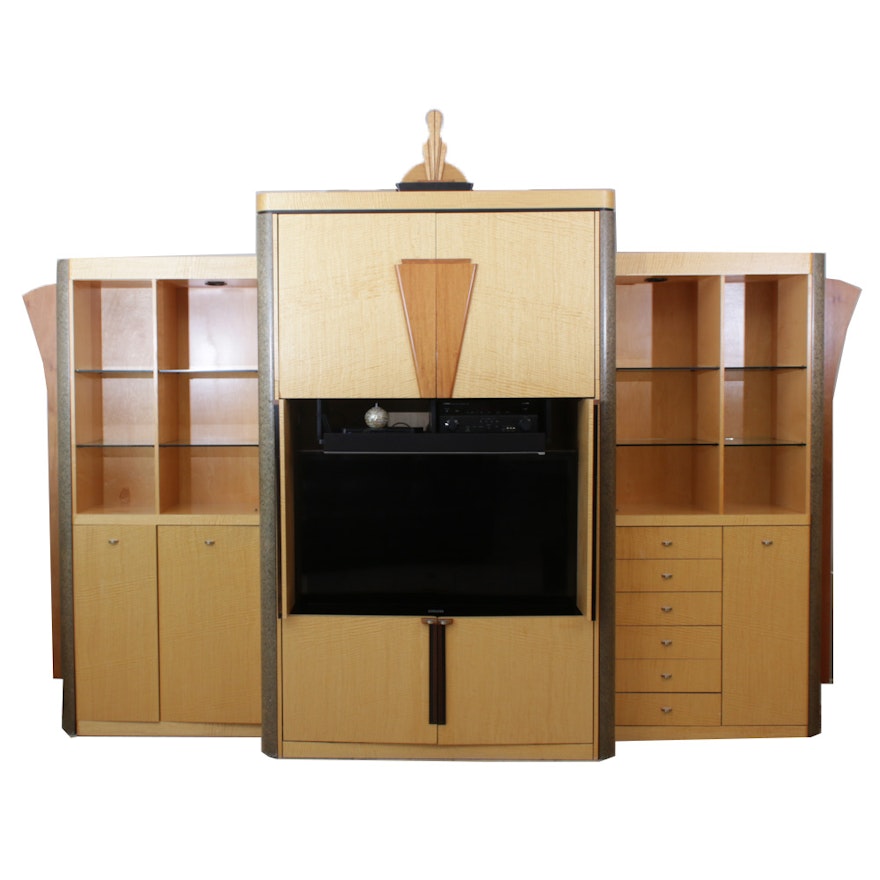 Maple and Figured Wood Veneer Illuminated Media Cabinet