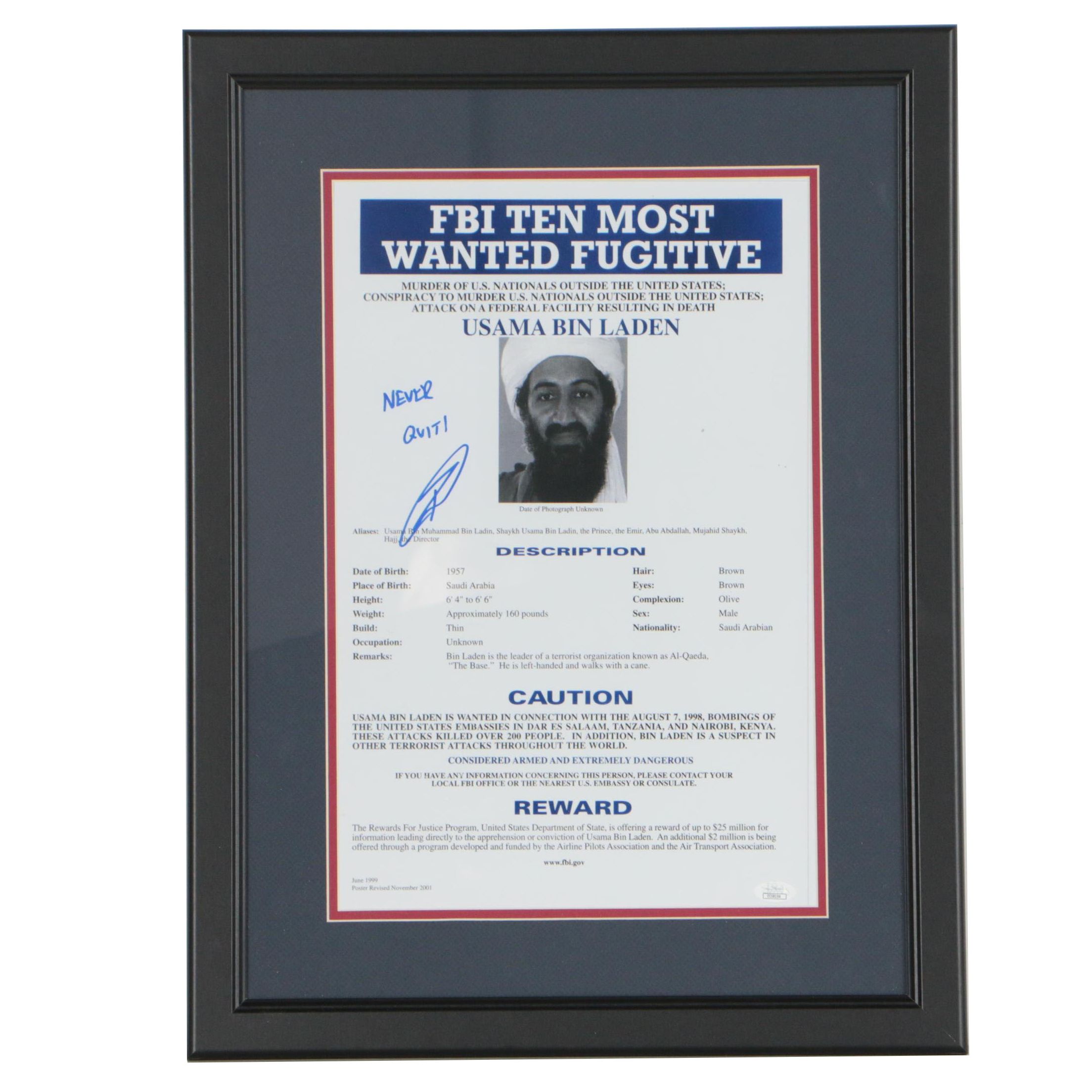 Robert J. O'Neill Autographed Osama bin Laden FBI Most Wanted Poster