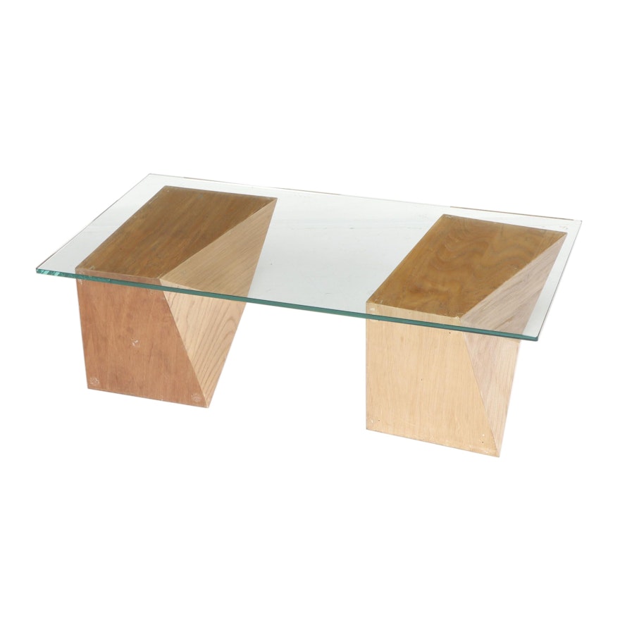 Mid Century Modern Glass Top Coffee Table on Geometric Blocks, Late 20th Century