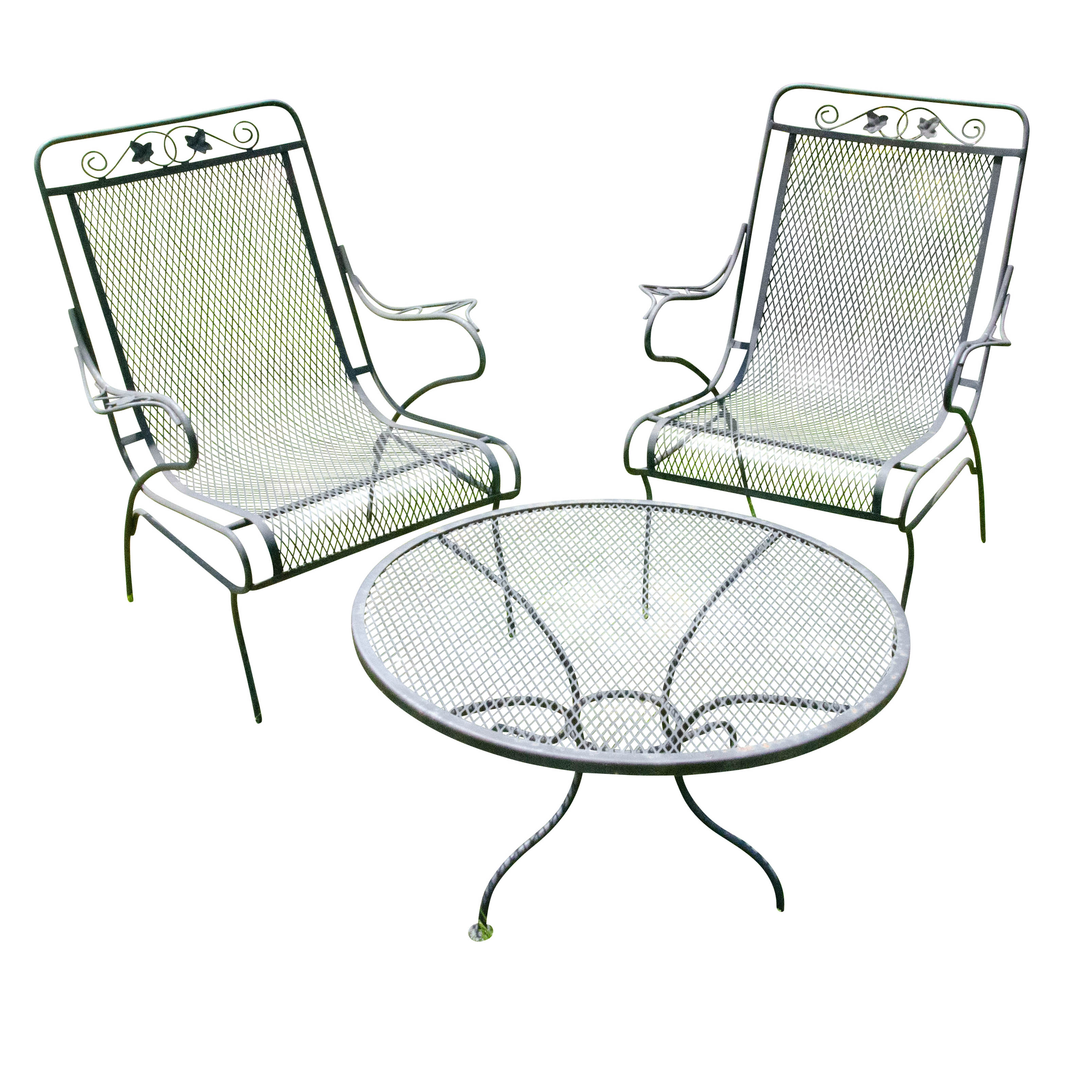 Wrought Iron Mesh Patio Chairs and Accent Table