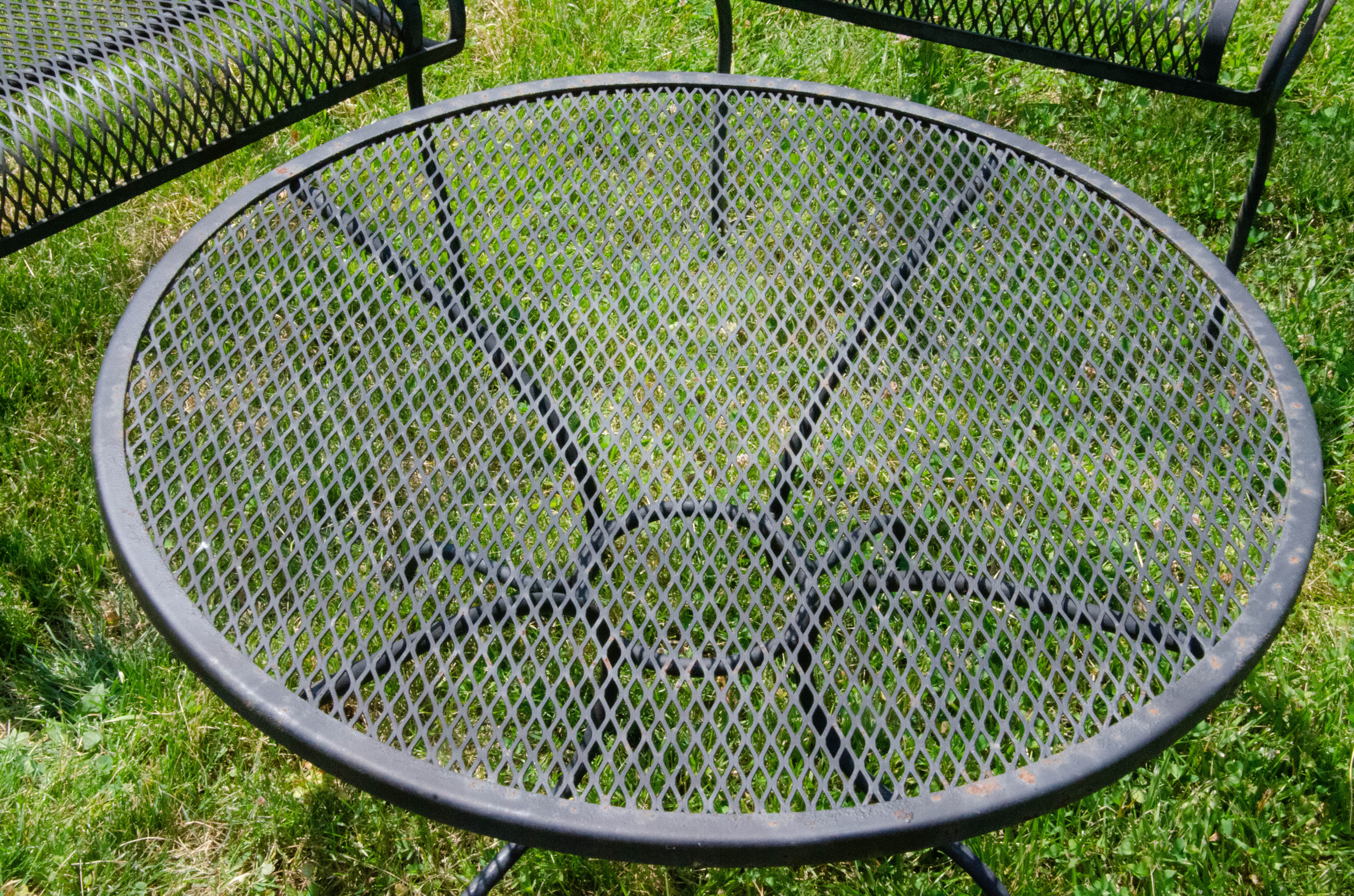 Wrought Iron Mesh Patio Chairs and Accent Table