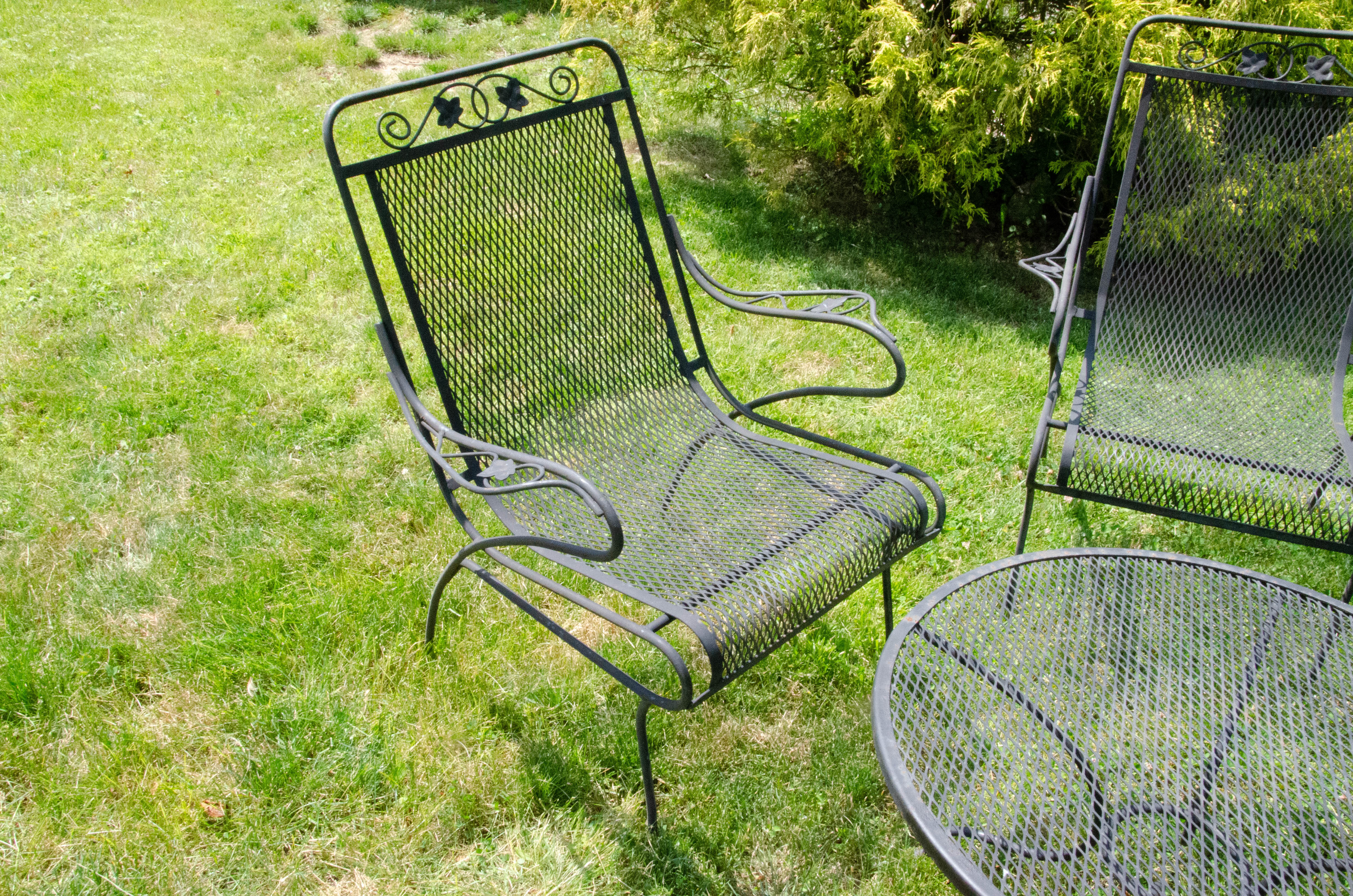 Wrought Iron Mesh Patio Chairs and Accent Table