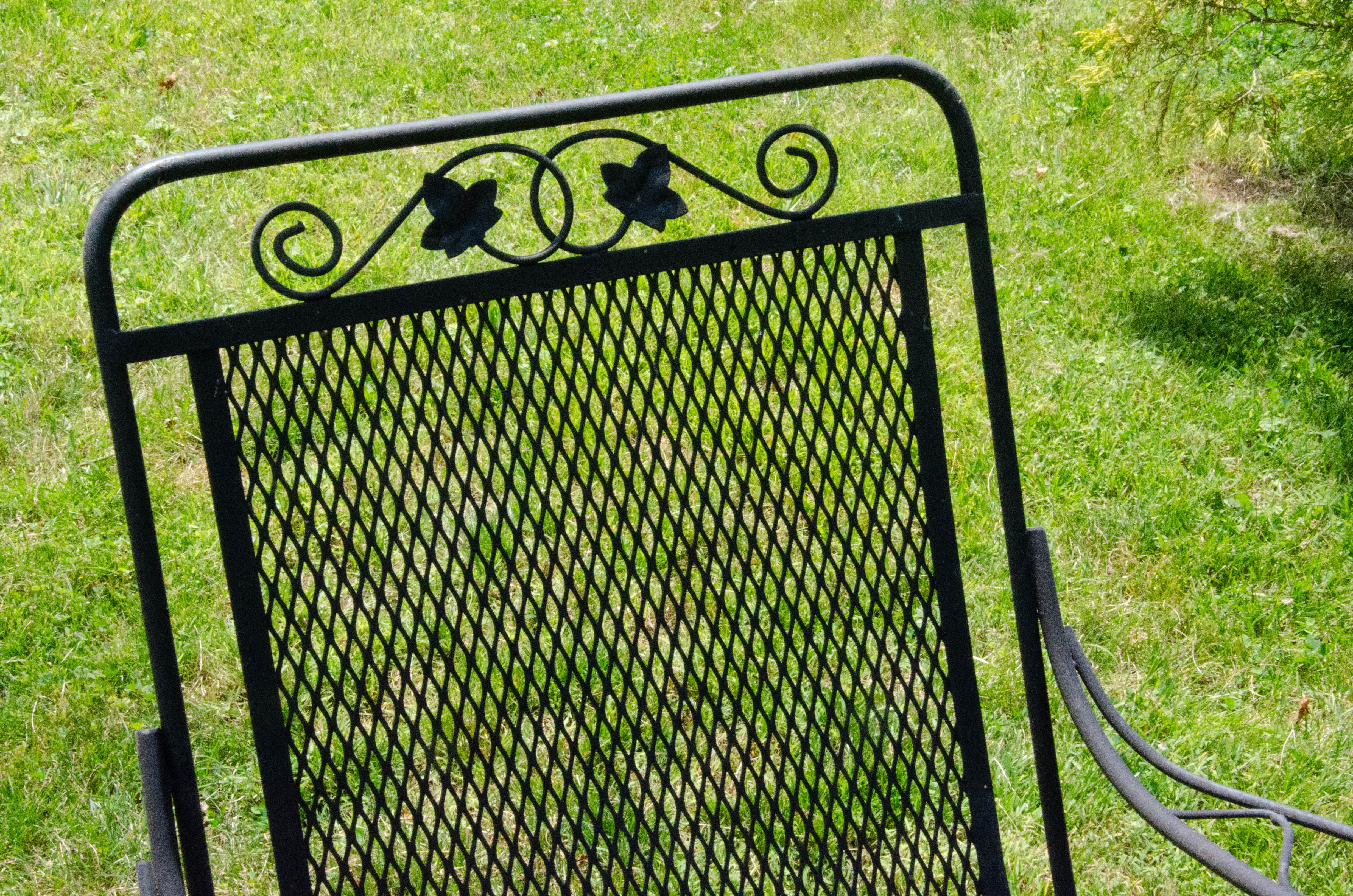 Wrought Iron Mesh Patio Chairs and Accent Table