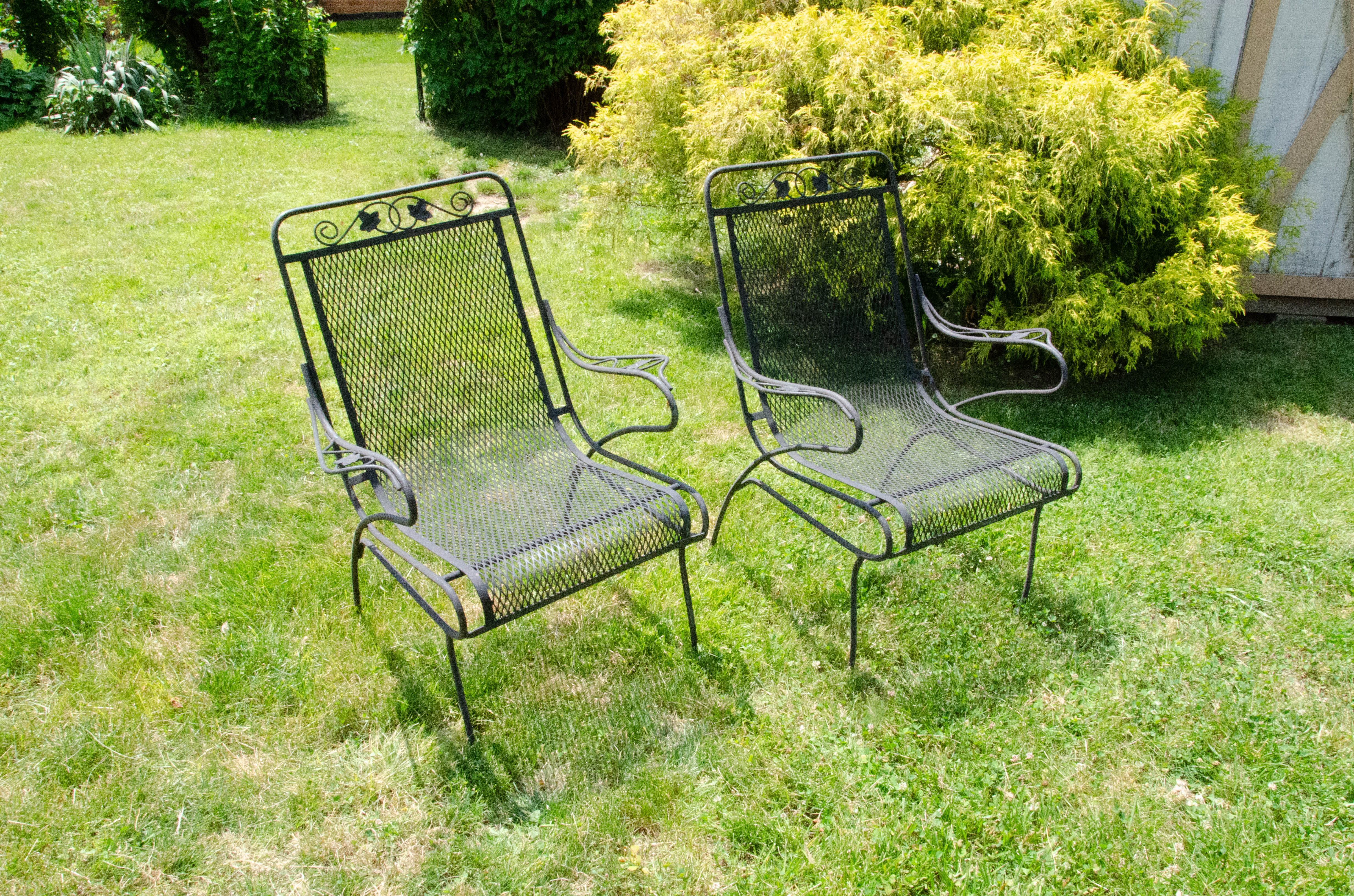 Wrought Iron Mesh Patio Chairs and Accent Table