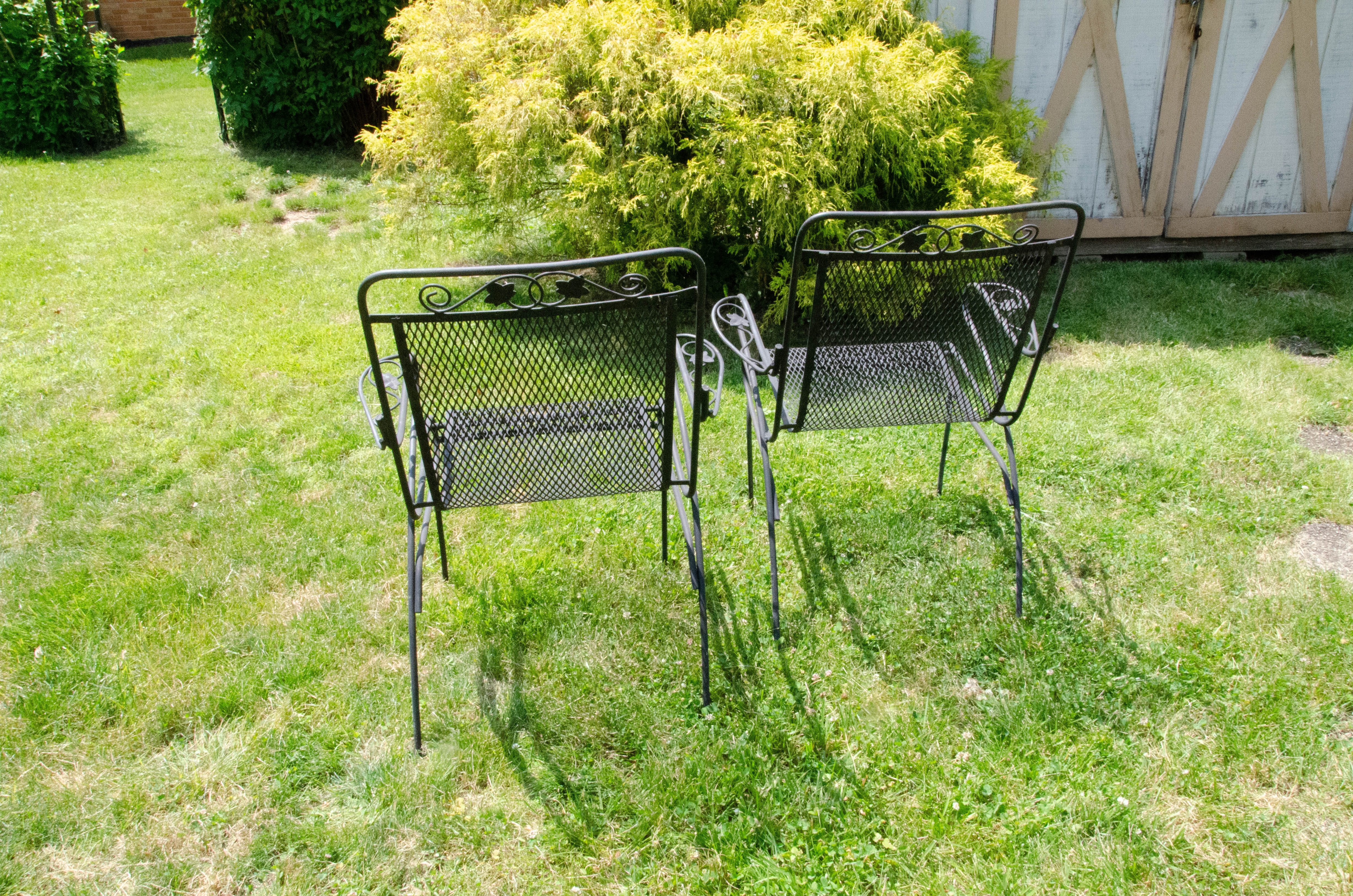 Wrought Iron Mesh Patio Chairs and Accent Table
