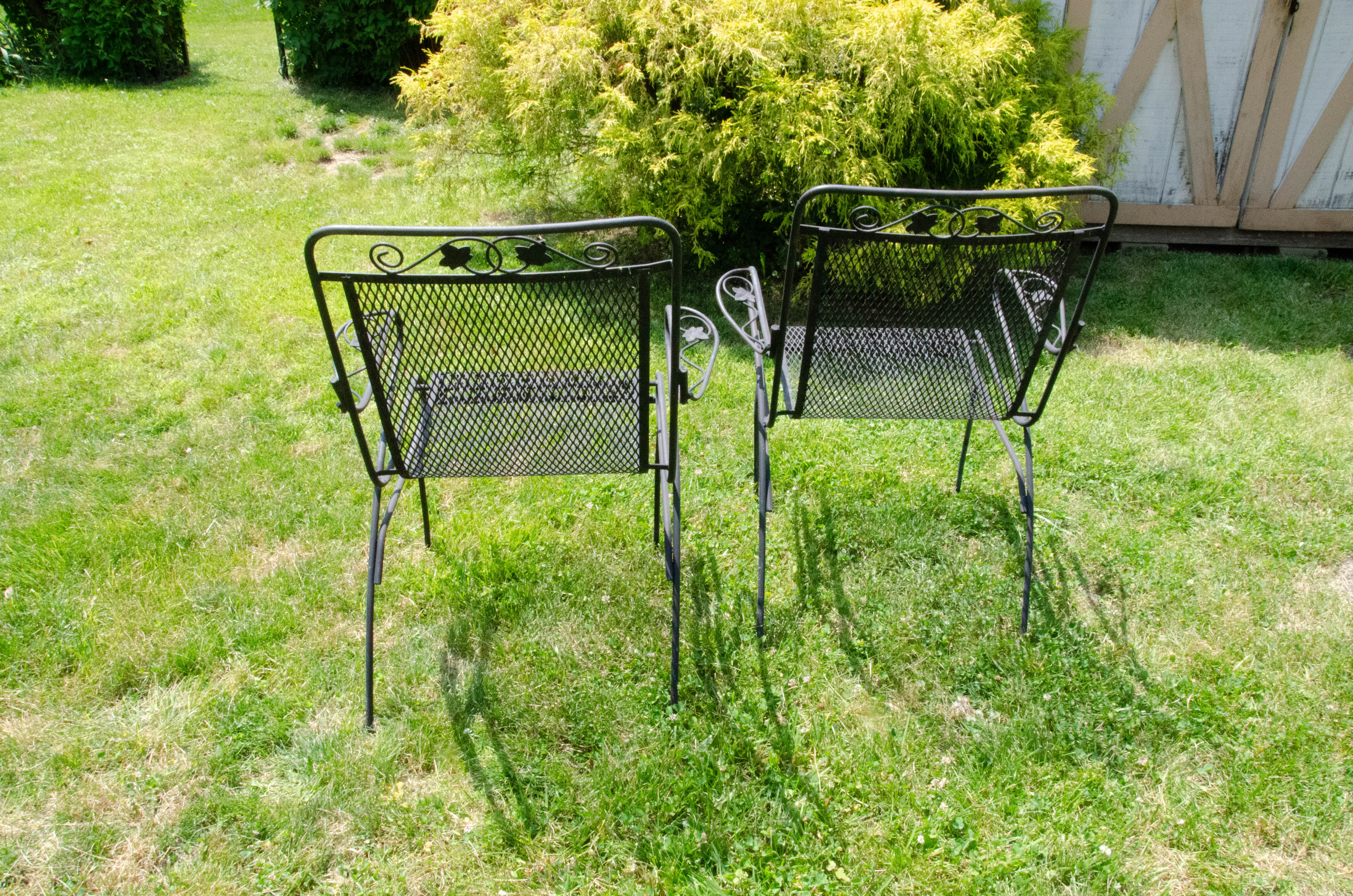 Wrought Iron Mesh Patio Chairs and Accent Table