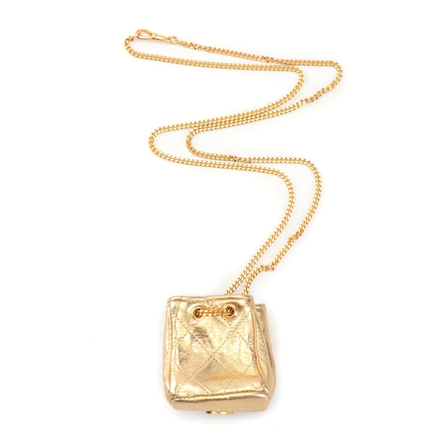 Chanel Gold Tone Quilted Mini Pouch Necklace
