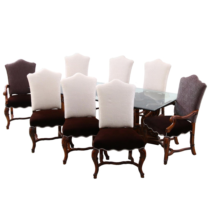 Henredon "Castellina" Glass Top Walnut Dining Table and Chairs, Contemporary