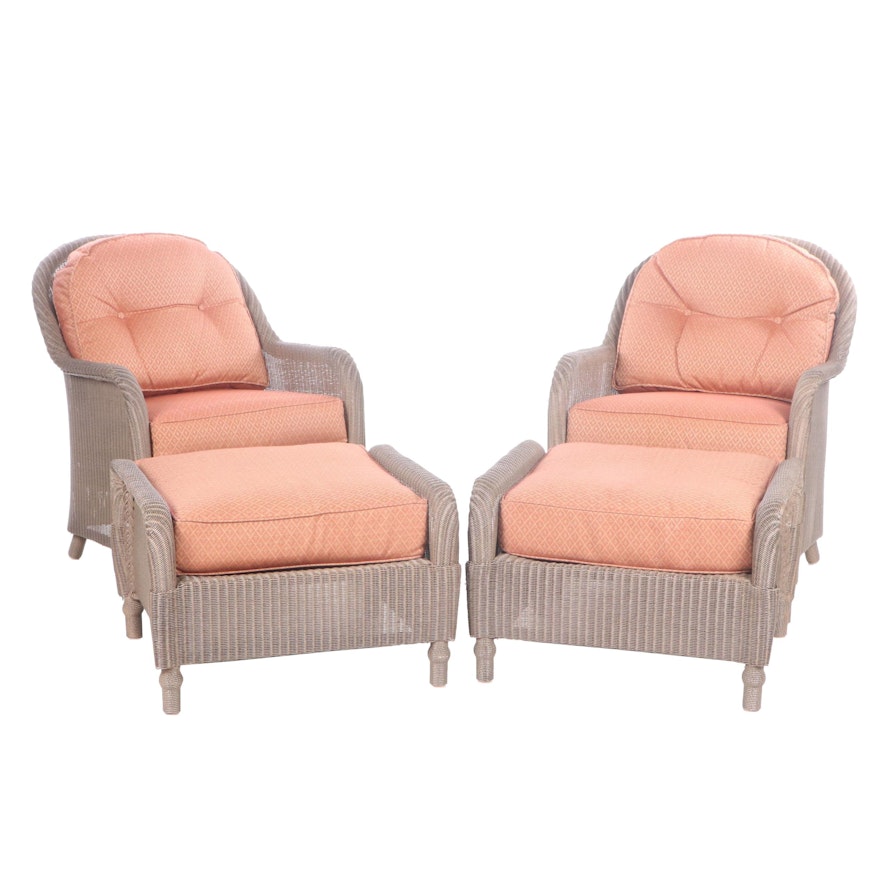 Pair of Lloyd Loom Faux Wicker Patio Chairs with Ottomans, Late 20th Century