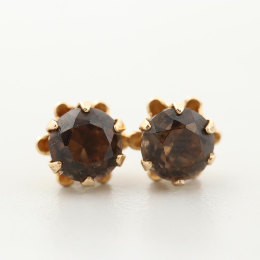 14K Yellow Gold Smoky Quartz Stud Earrings