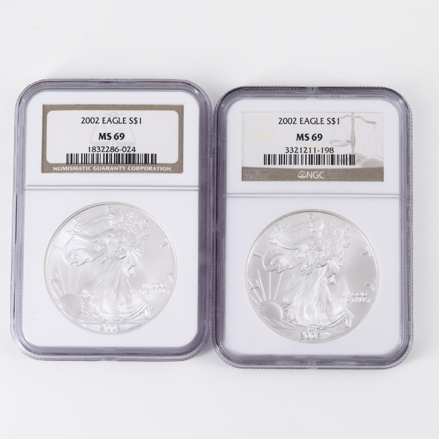 Two NGC Graded MS69 2002 American Silver Eagle Bullion Coins