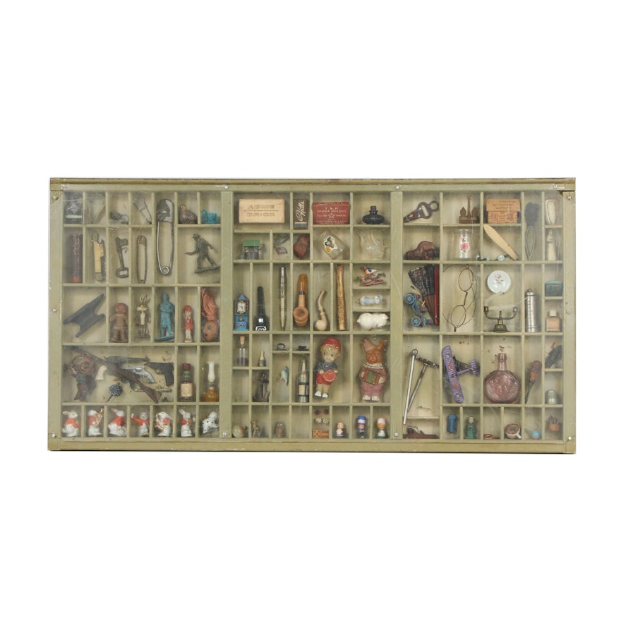 Figurines and Miniatures in Wooden Cabinet Shadow Box