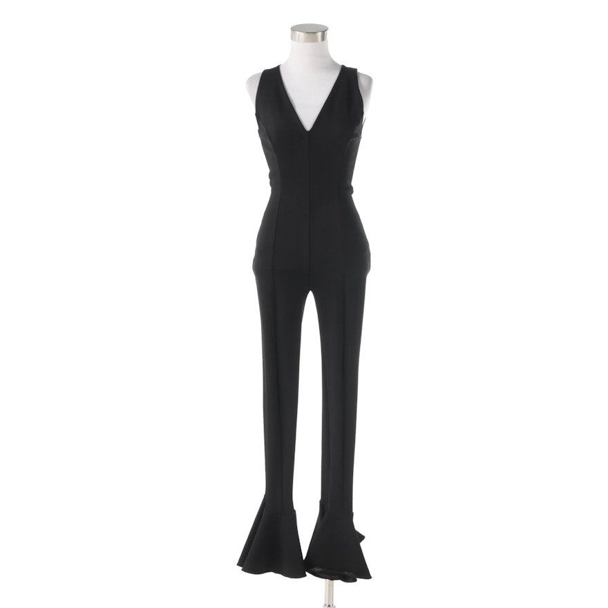 Gianni Versace Couture Black V-Cut Sleeveless Jumpsuit with Fluted Hem, 1990s