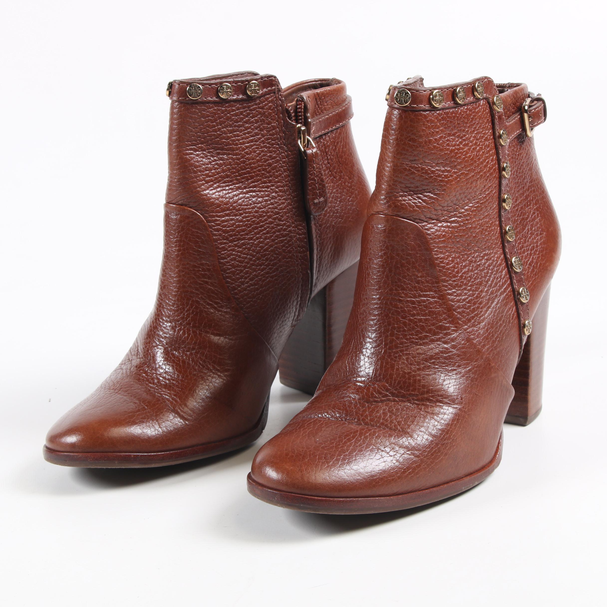 Tory Burch Logo Studded Saddle Brown Leather Booties