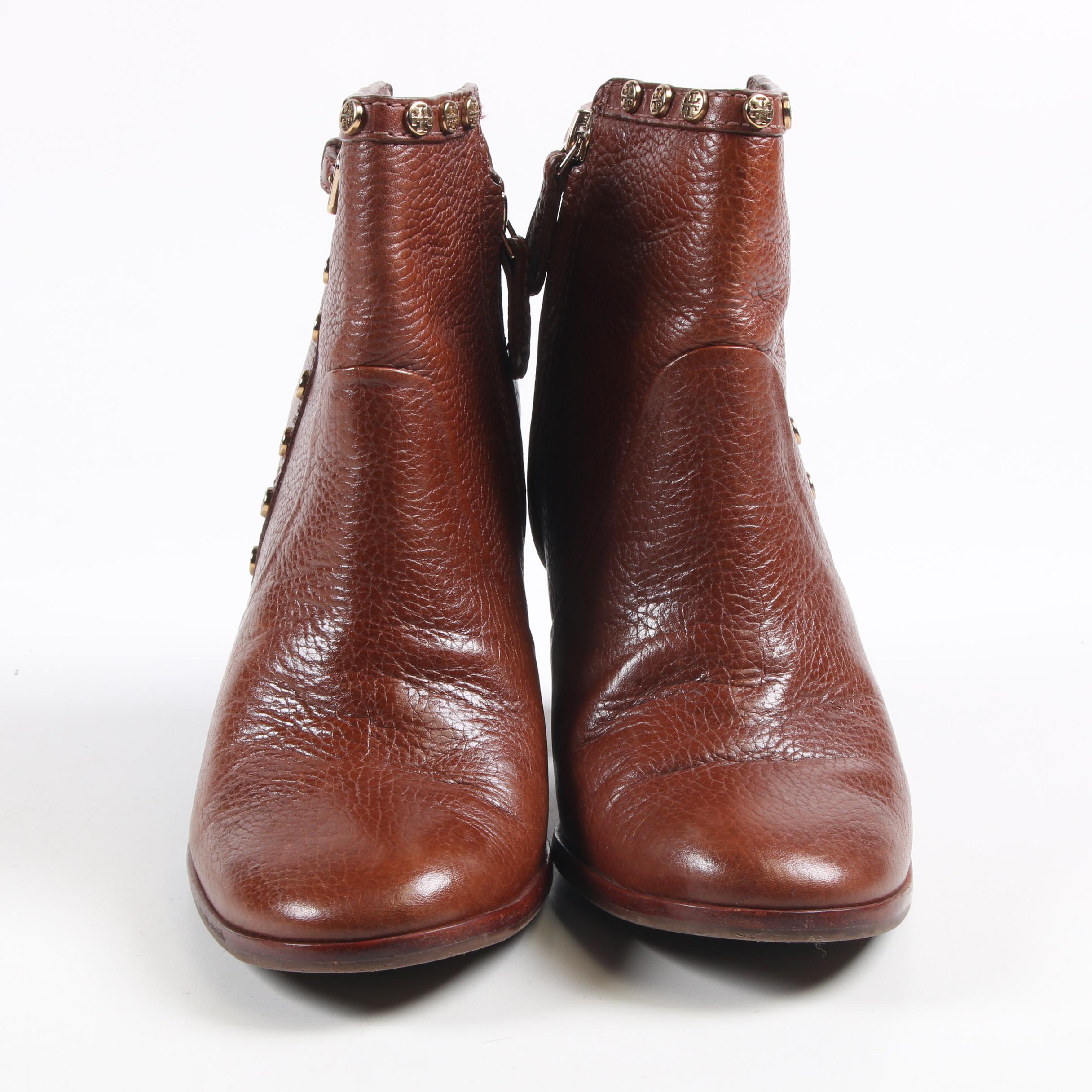 Tory Burch Logo Studded Saddle Brown Leather Booties