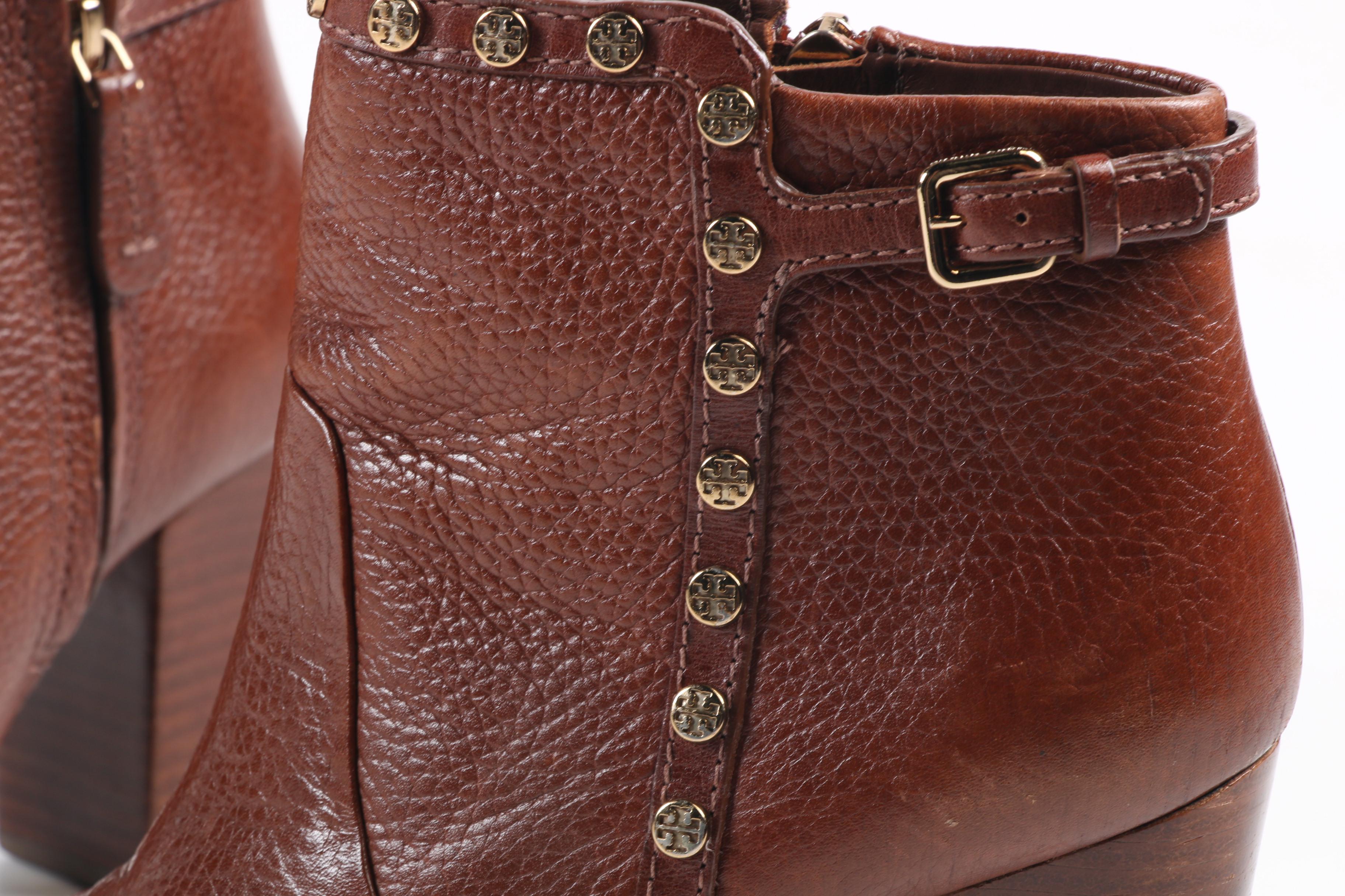 Tory Burch Logo Studded Saddle Brown Leather Booties