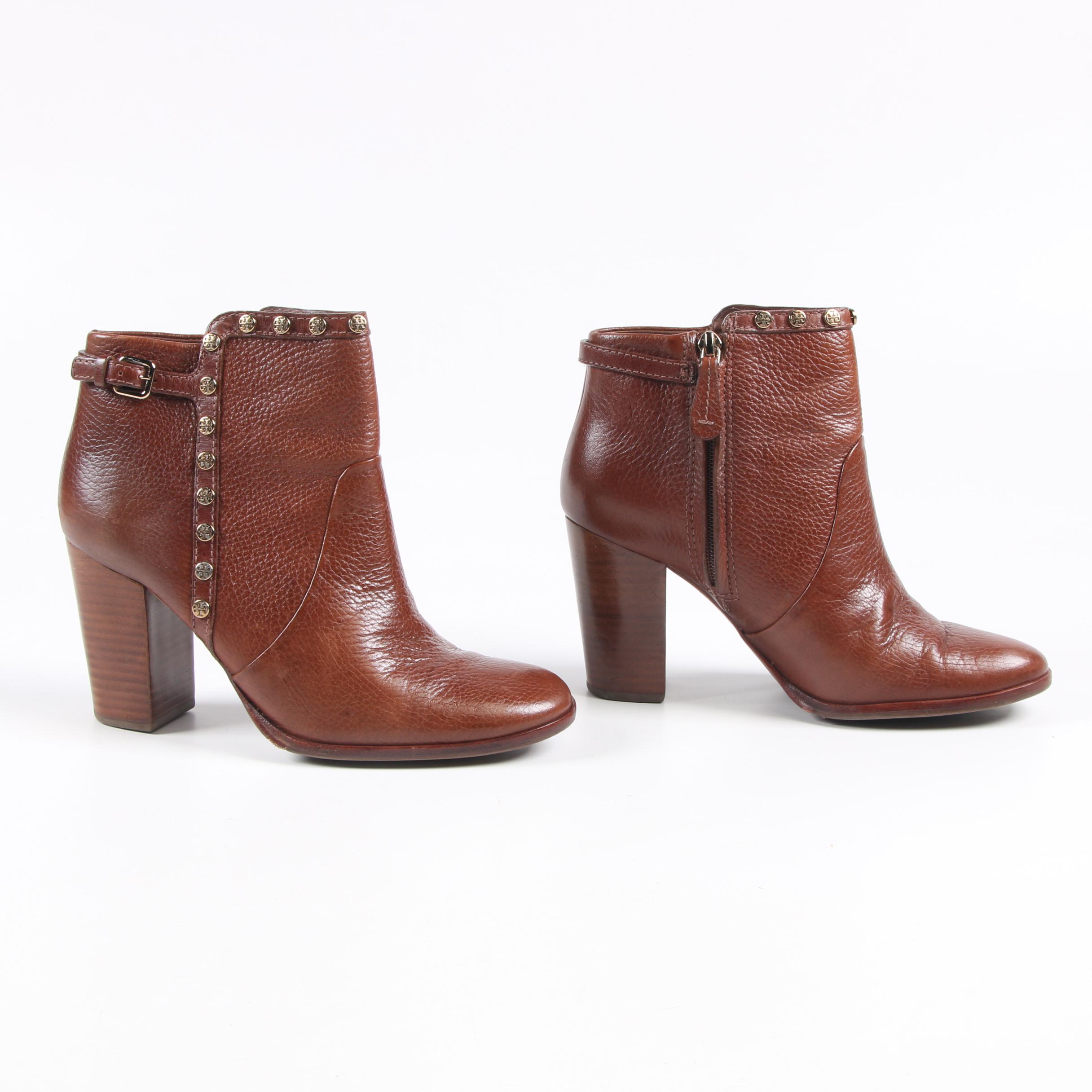 Tory Burch Logo Studded Saddle Brown Leather Booties