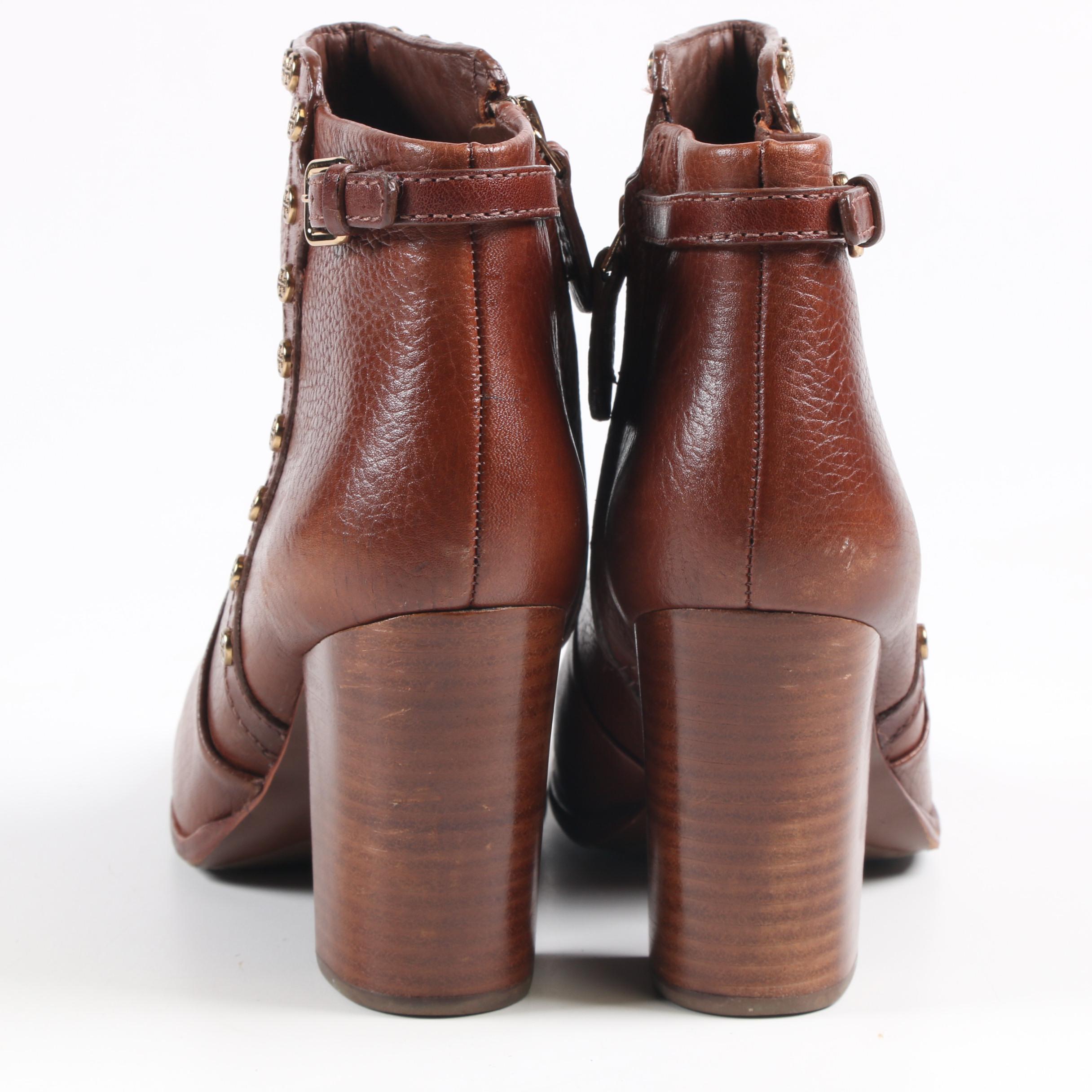 Tory Burch Logo Studded Saddle Brown Leather Booties