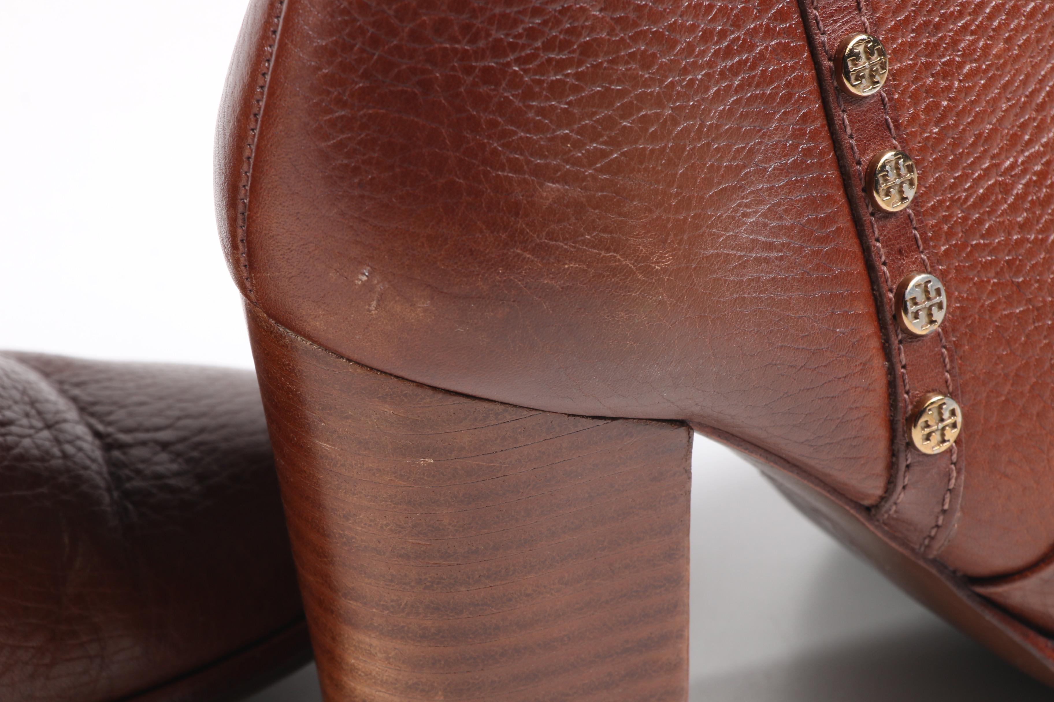 Tory Burch Logo Studded Saddle Brown Leather Booties