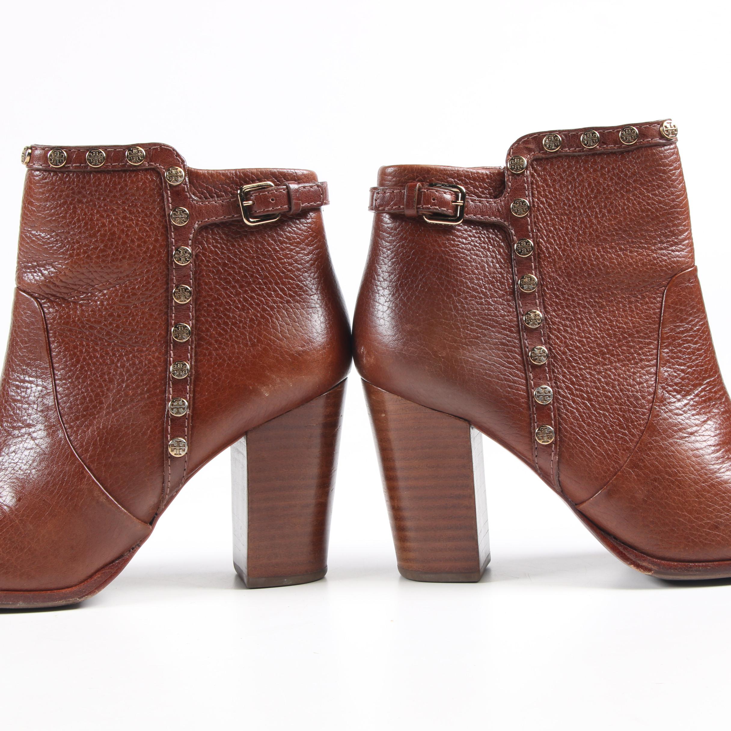 Tory Burch Logo Studded Saddle Brown Leather Booties