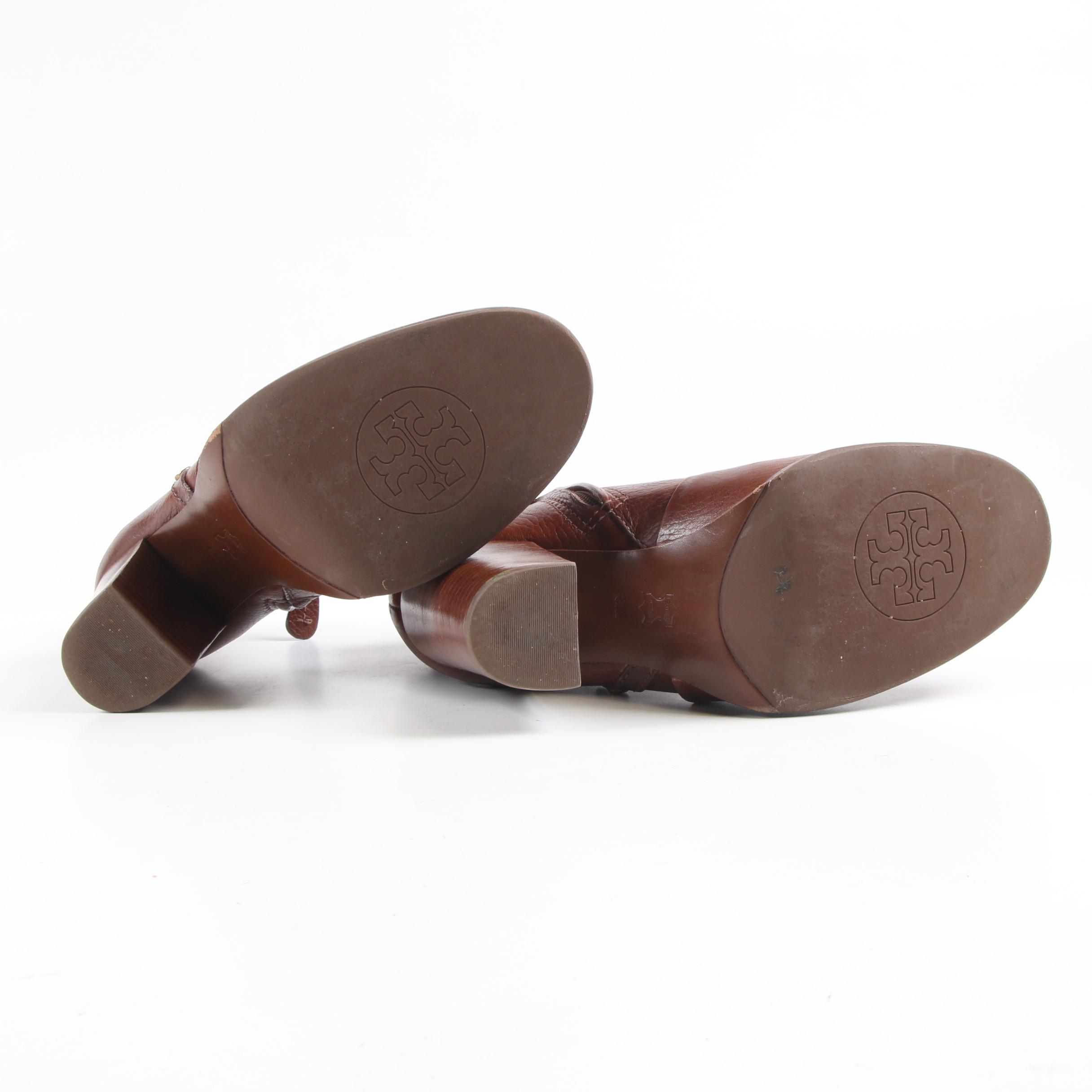 Tory Burch Logo Studded Saddle Brown Leather Booties