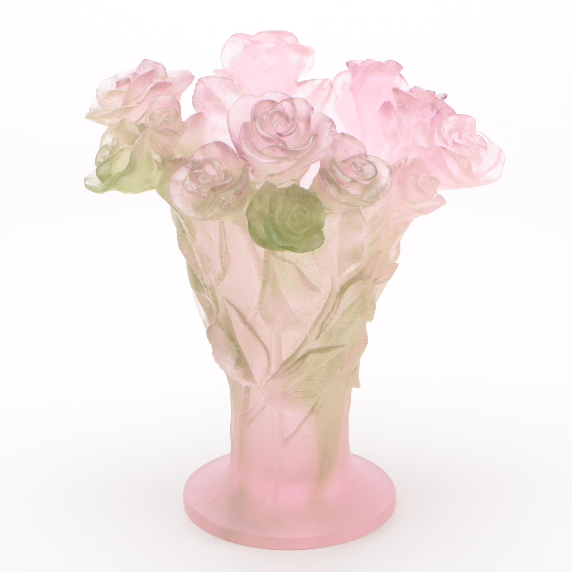 Daum France Pâte de verre Pink and Green Rose Vase, Circa 1980