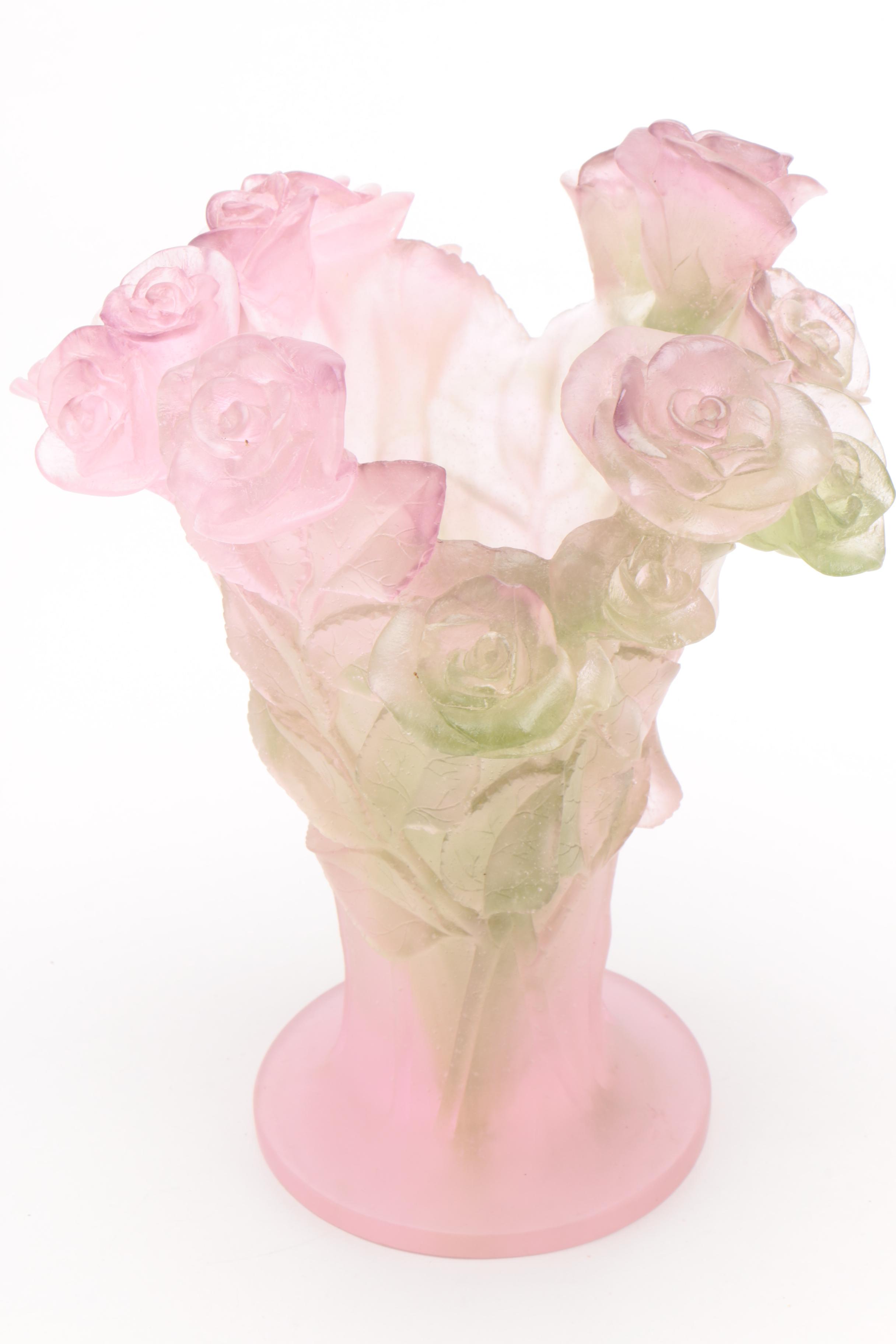 Daum France Pâte de verre Pink and Green Rose Vase, Circa 1980