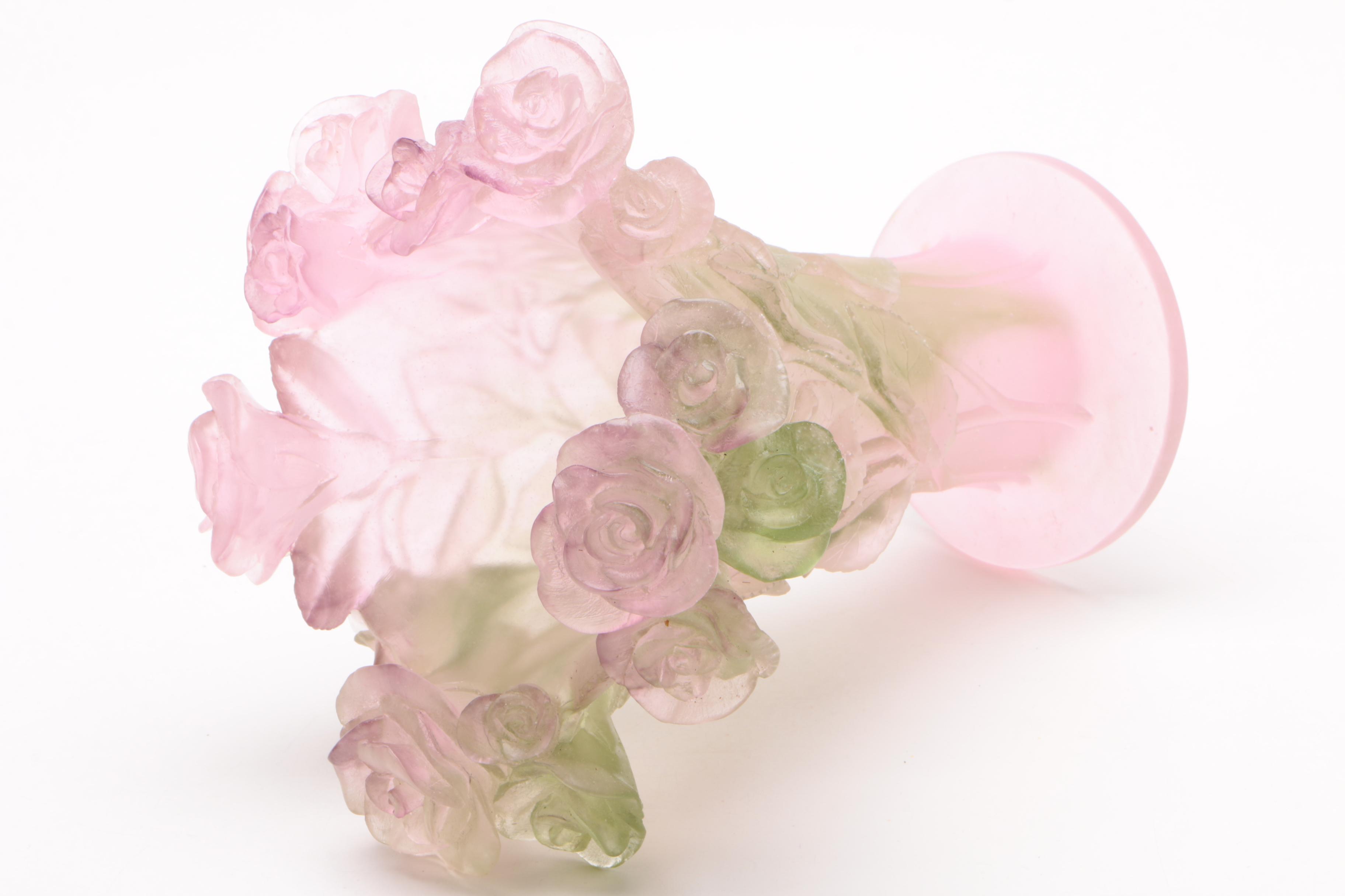 Daum France Pâte de verre Pink and Green Rose Vase, Circa 1980